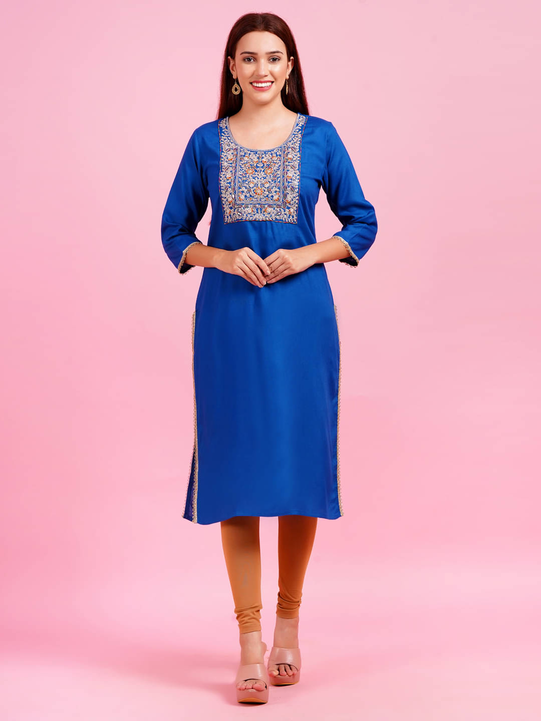     			HIGHLIGHT FASHION EXPORT Rayon Embroidered Straight Women's Kurti - Blue ( Pack of 1 )