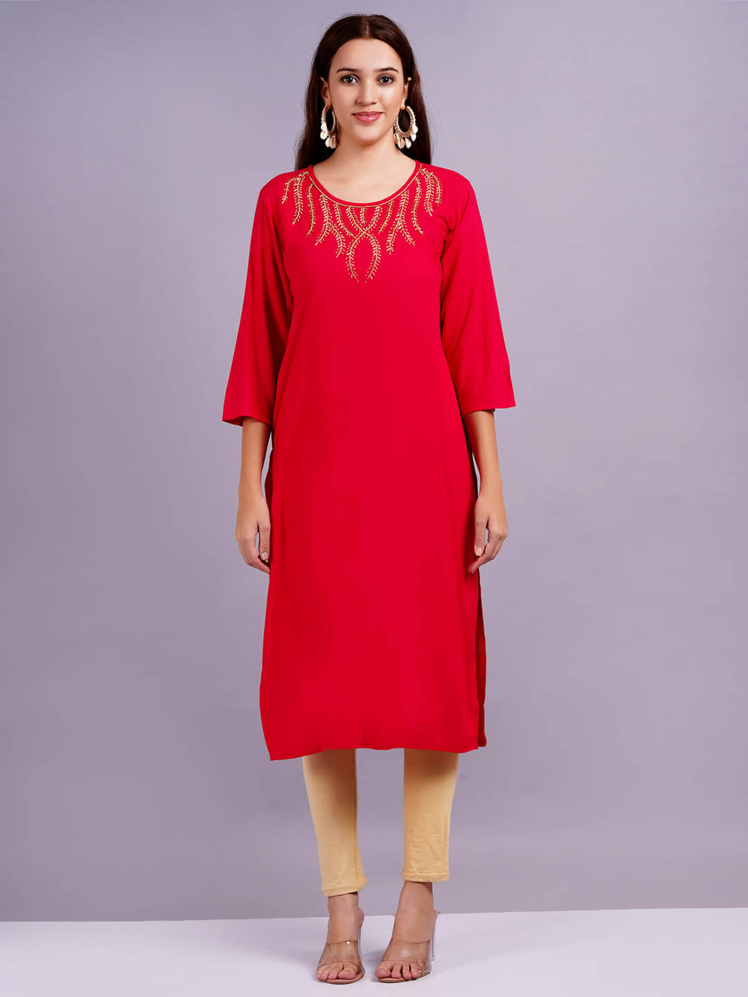     			HIGHLIGHT FASHION EXPORT Rayon Embroidered Straight Women's Kurti - Red ( Pack of 1 )