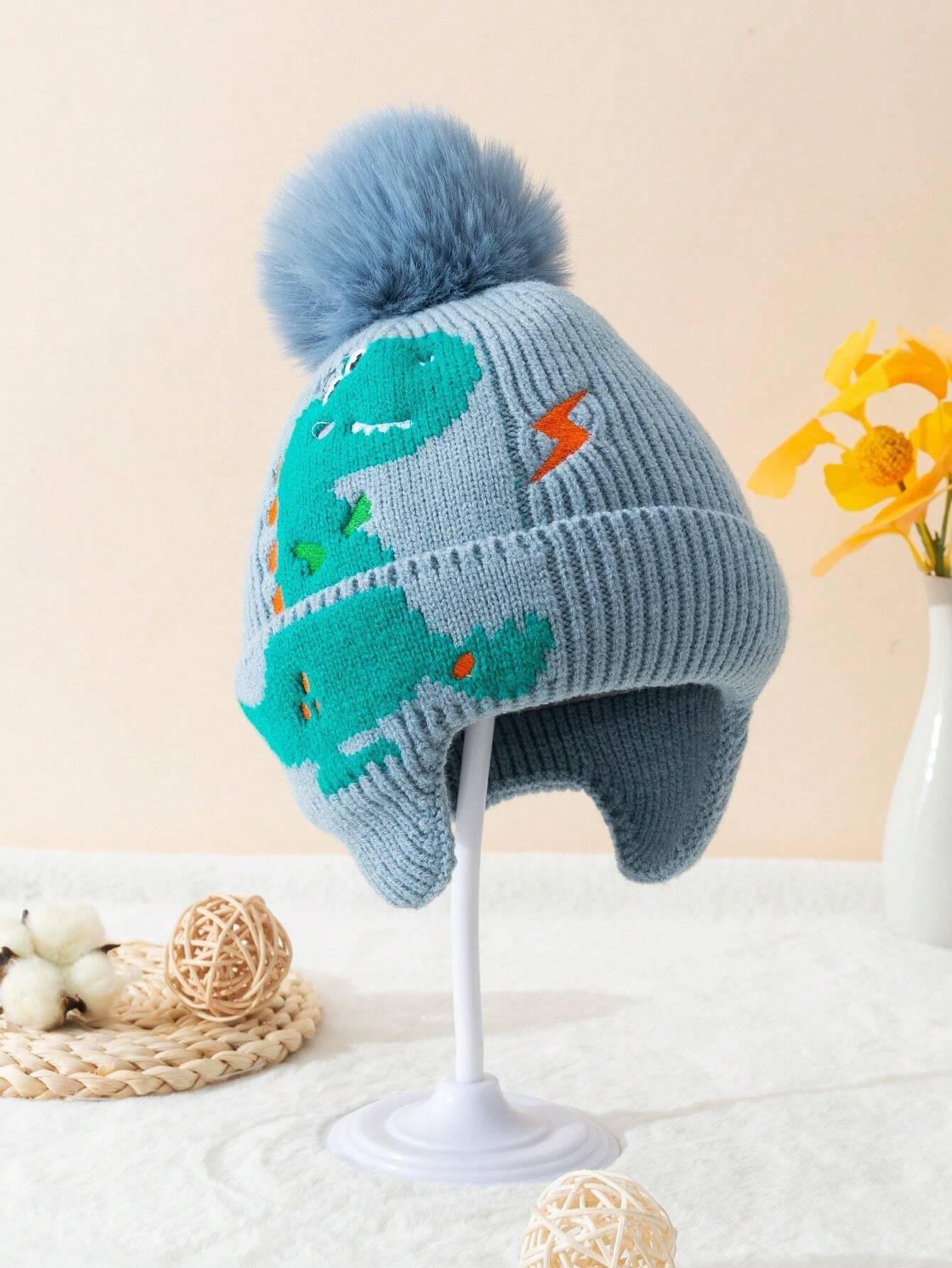     			INFISPACE Boy's & Girl's Super Warm Cartoon Dinosaur Knitted Hat with Pompom & String (Size: 8 to 16 Year) GreyColor,Cap,Winter Cap,Cap for kids,Kids Cap,Winter Money Cap,Thandi ke cap
