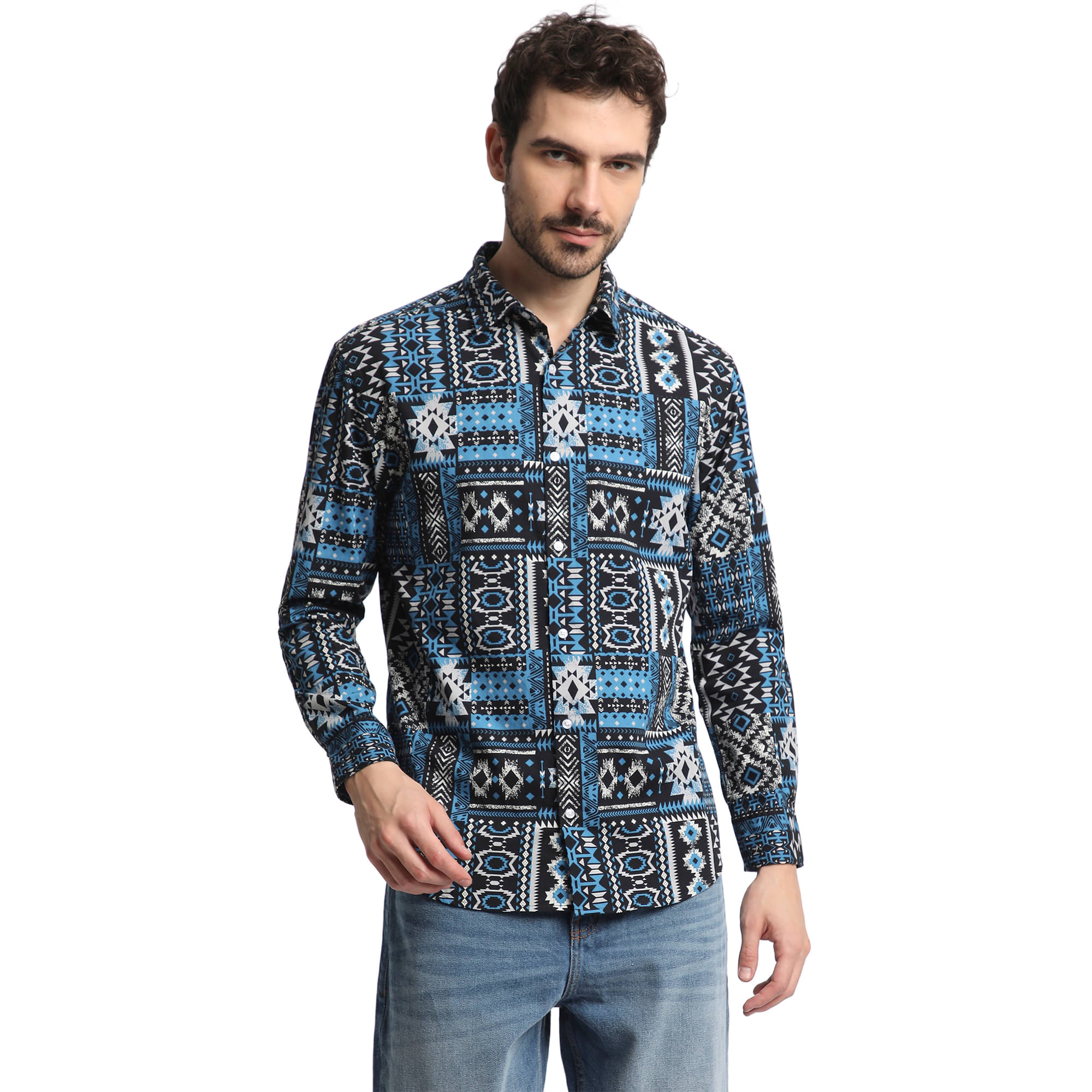     			IVOC Men Classic Spread Collar Graphic Printed Cotton Casual Shirt