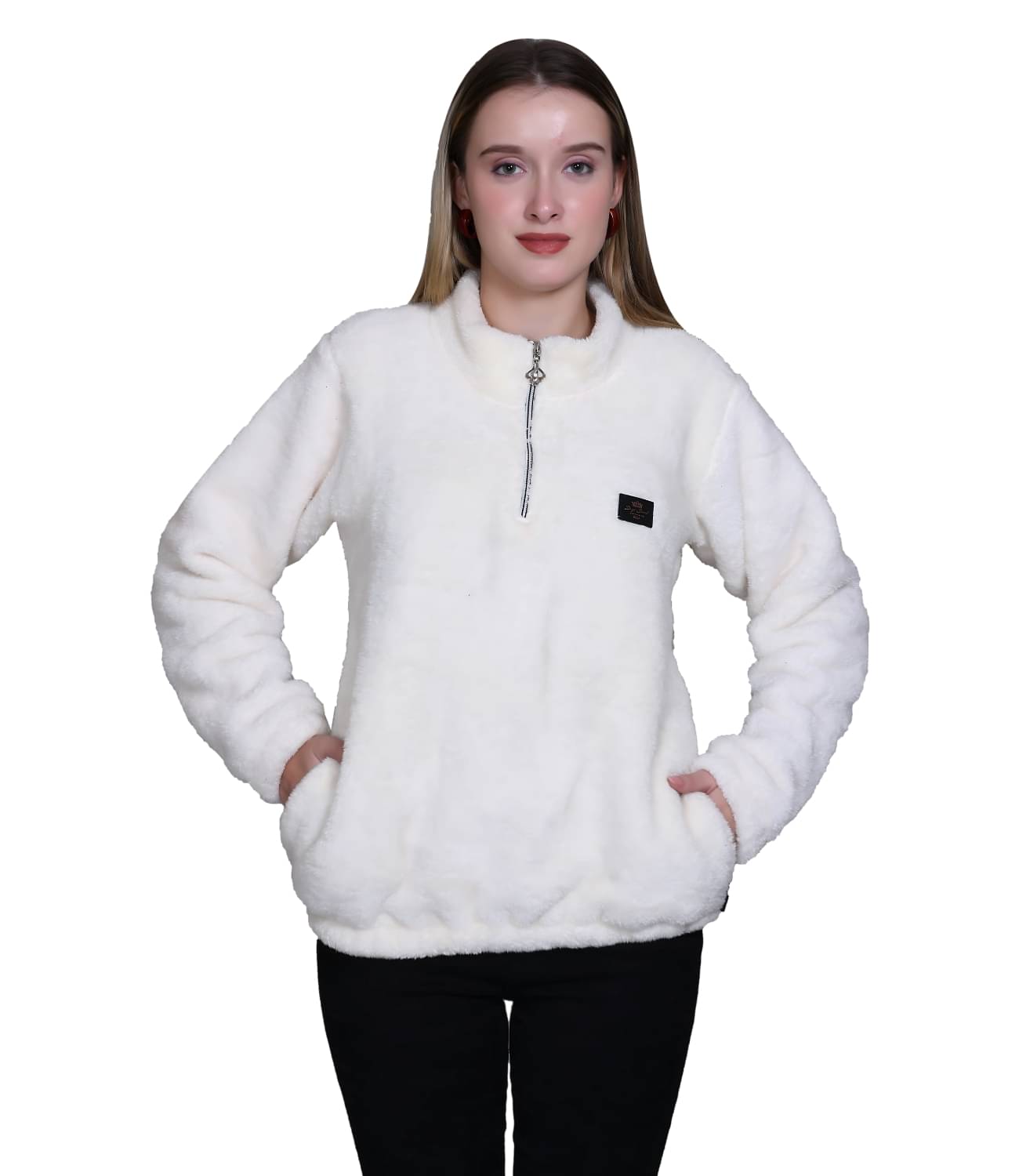     			Looks United Faux Fur Women's Zippered Sweatshirt ( Off White )