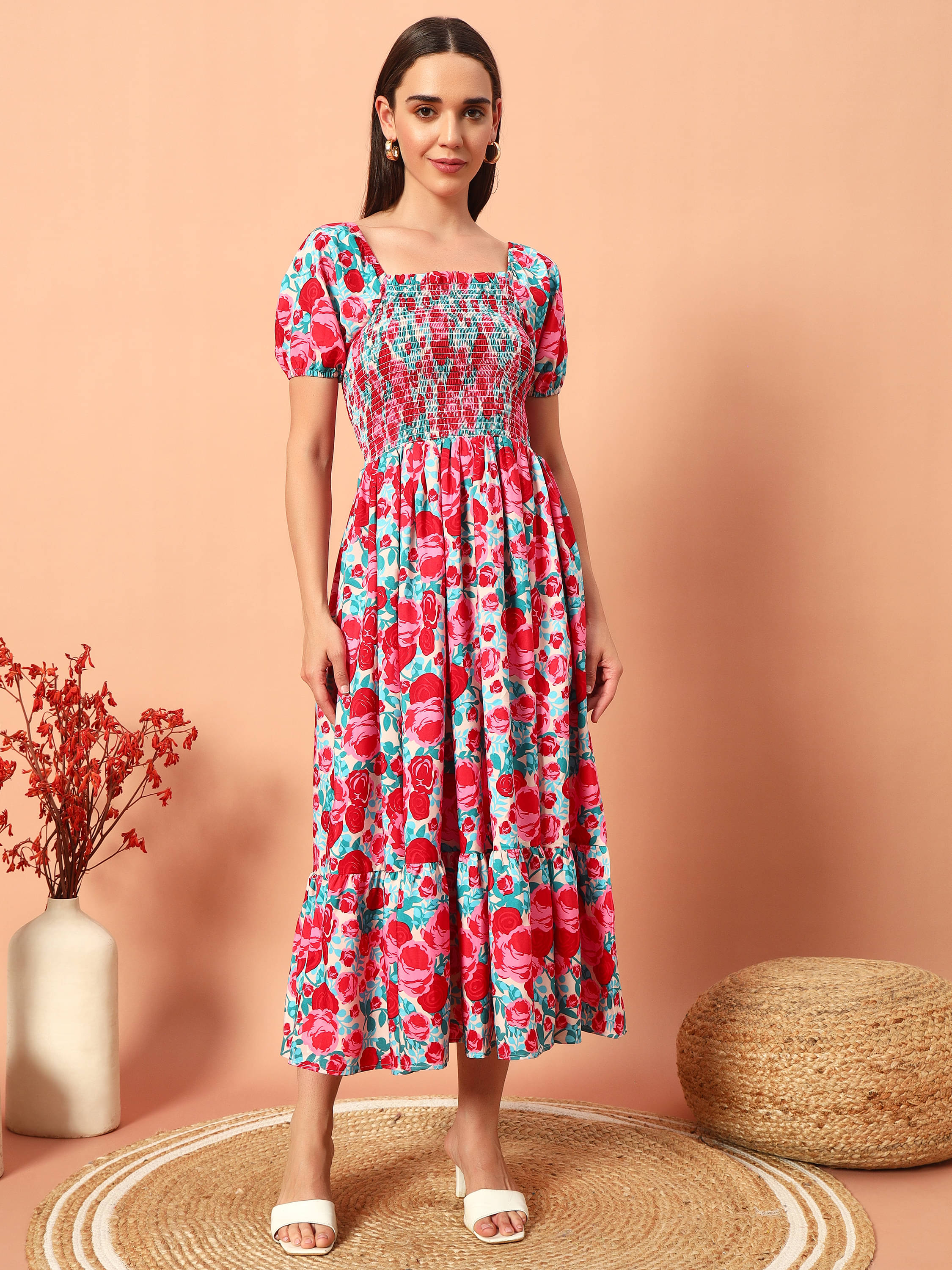     			OTABU Women Rayon Printed Fit & Flare Dress ( Pink )