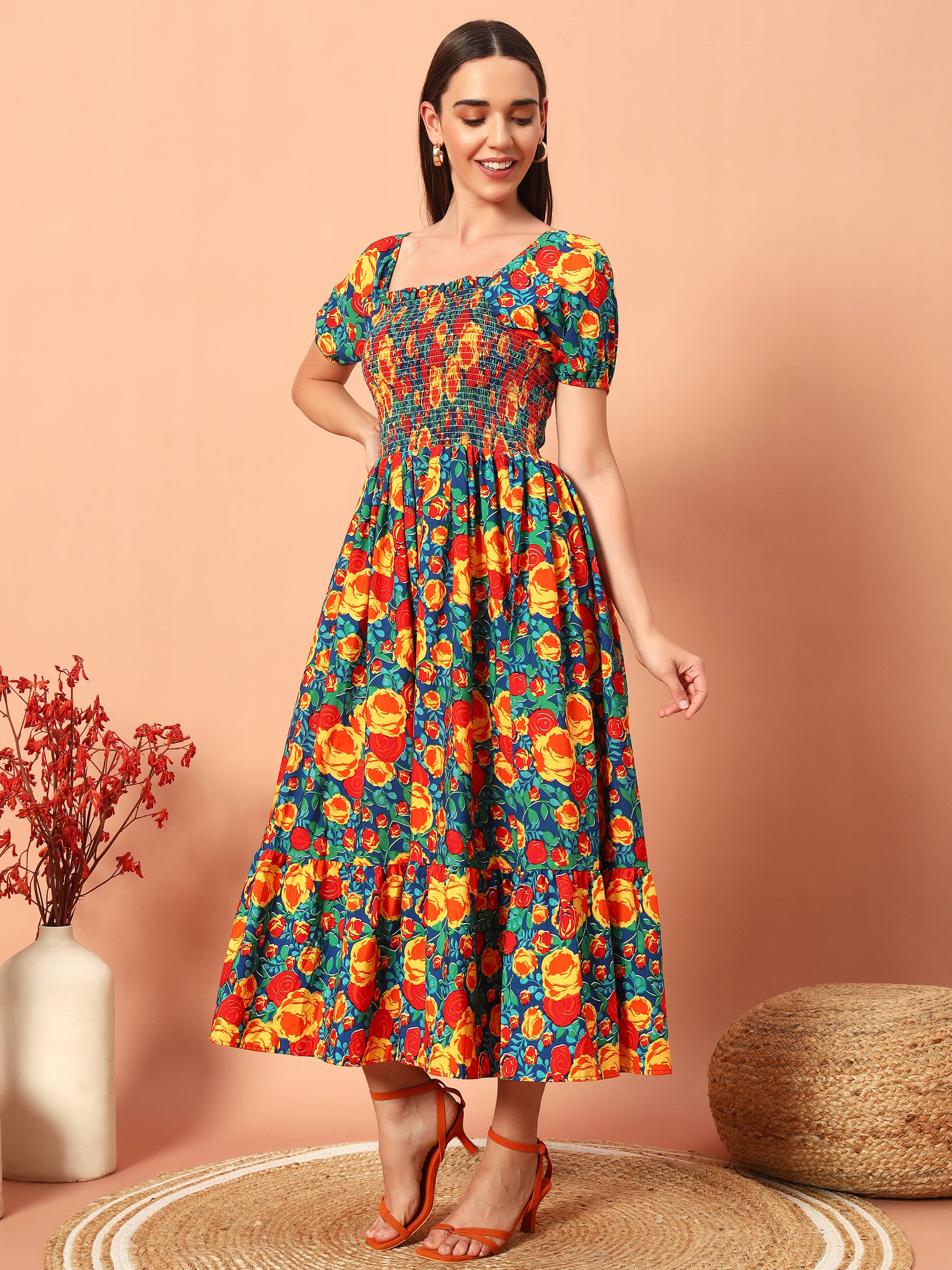 OTABU Women Rayon Printed Fit & Flare Dress ( Orange ) OTABU Women Rayon Printed Fit & Flare Dress ( Orange )