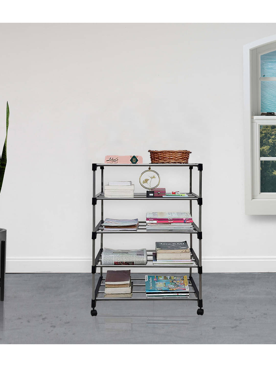     			RMERCHANTS 5 Layer Metal Book Rack with wheel Rotatable for Home & Office Organizer Shelf (Black)