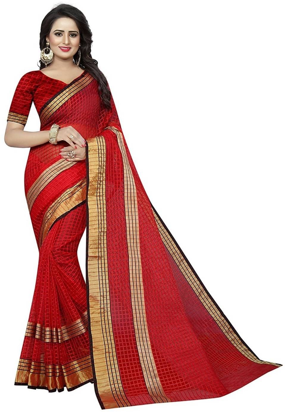     			Samai Cotton Silk Checks Saree With Unstitched Blouse Piece ( Red )