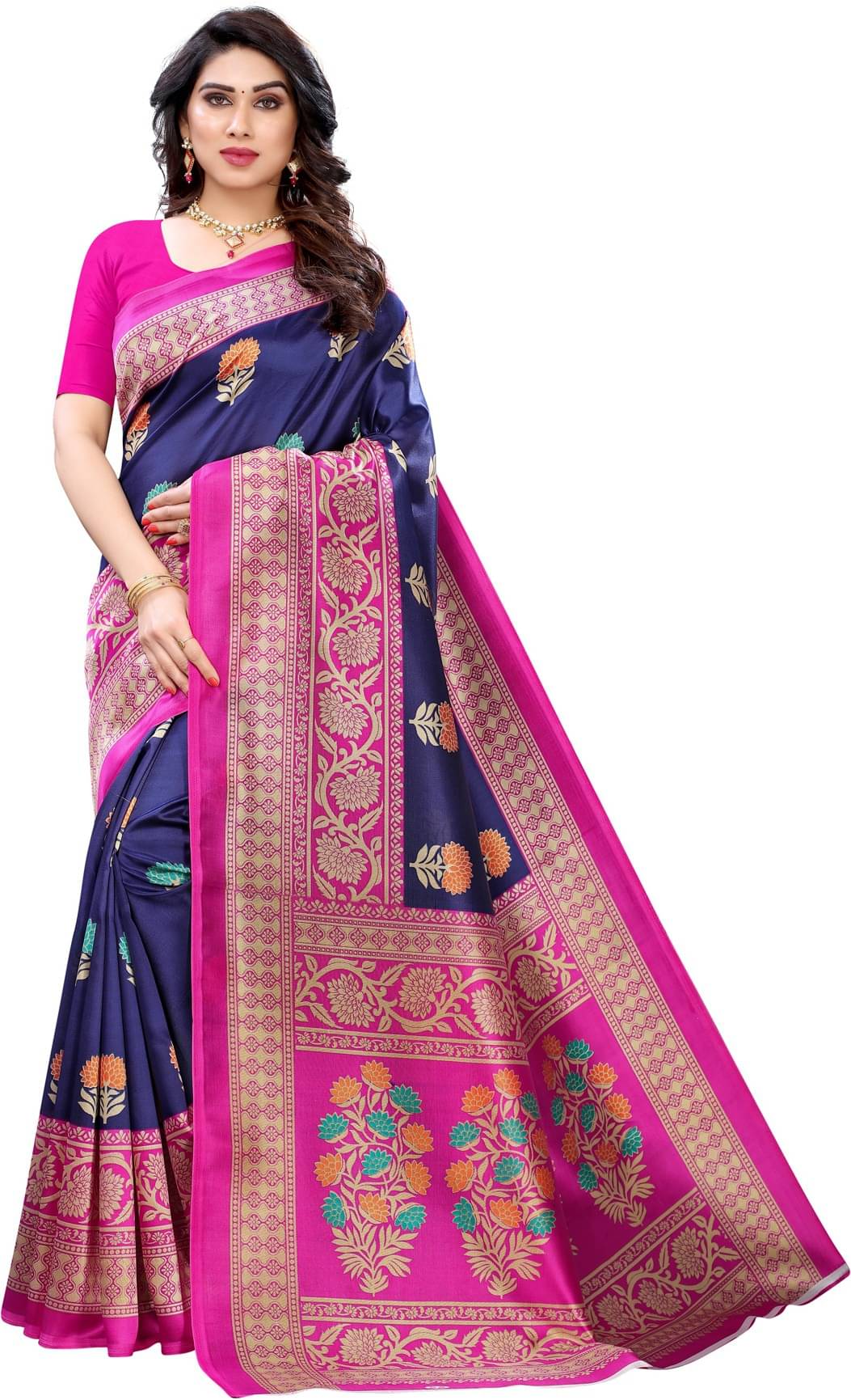 Samai Cotton Silk Printed Saree With Unstitched Blouse Piece ( Navy Blue ) Samai Cotton Silk Printed Saree With Unstitched Blouse Piece ( Navy Blue )