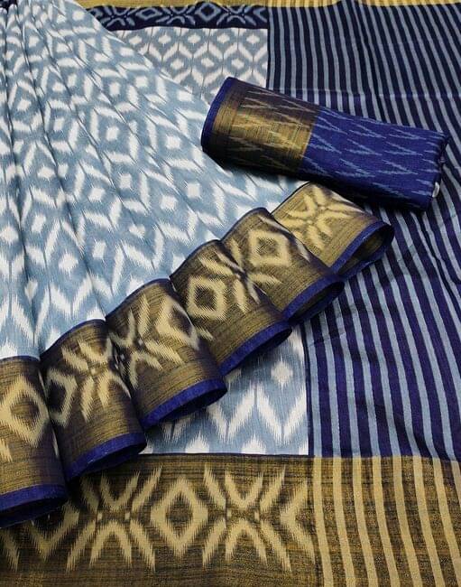     			Samai Cotton Silk Printed Saree With Unstitched Blouse Piece ( Light Blue )