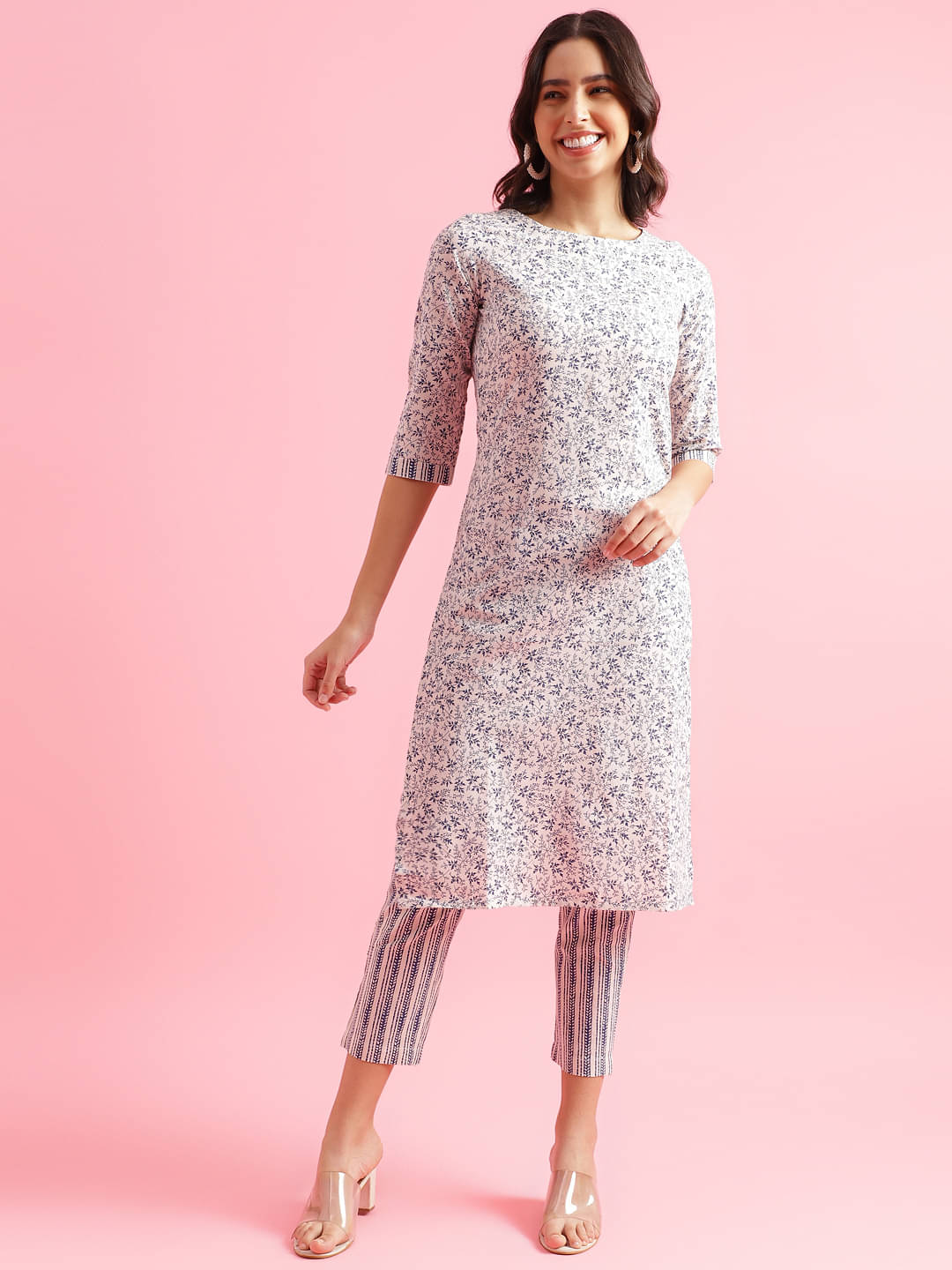     			Shaily Retails Cotton Blend Printed Kurti With Pants Women's Stitched Salwar Suit - Blue ( Pack of 1 )