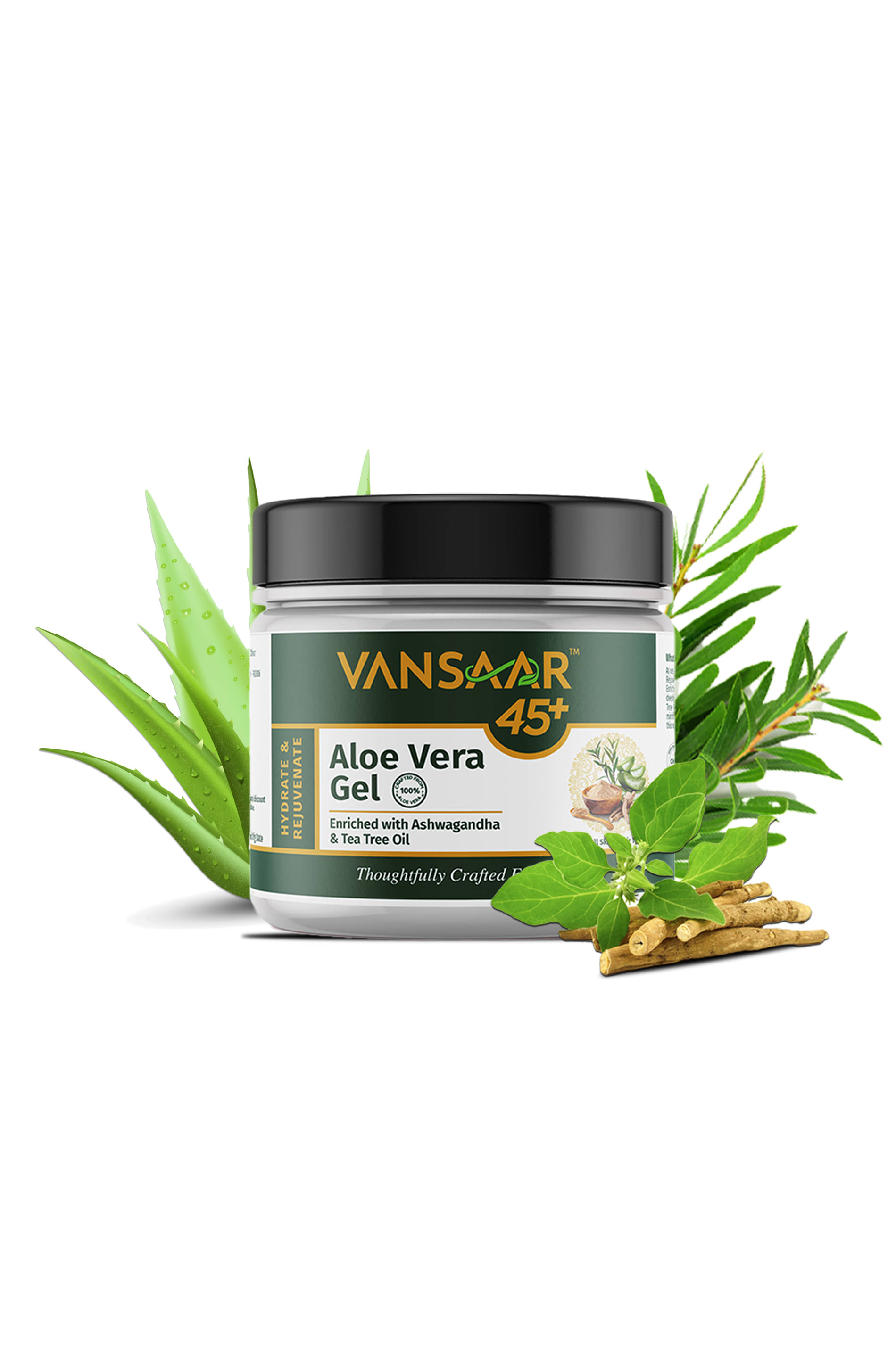 Vansaar 45+ Aloe Vera Gel - 500g 100% Pure Aloe Vera Enriched With Ashwagandha & Tea Tree Oil     			Vansaar 45+ Aloe Vera Gel - 500g 100% Pure Aloe Vera Enriched With Ashwagandha & Tea Tree Oil