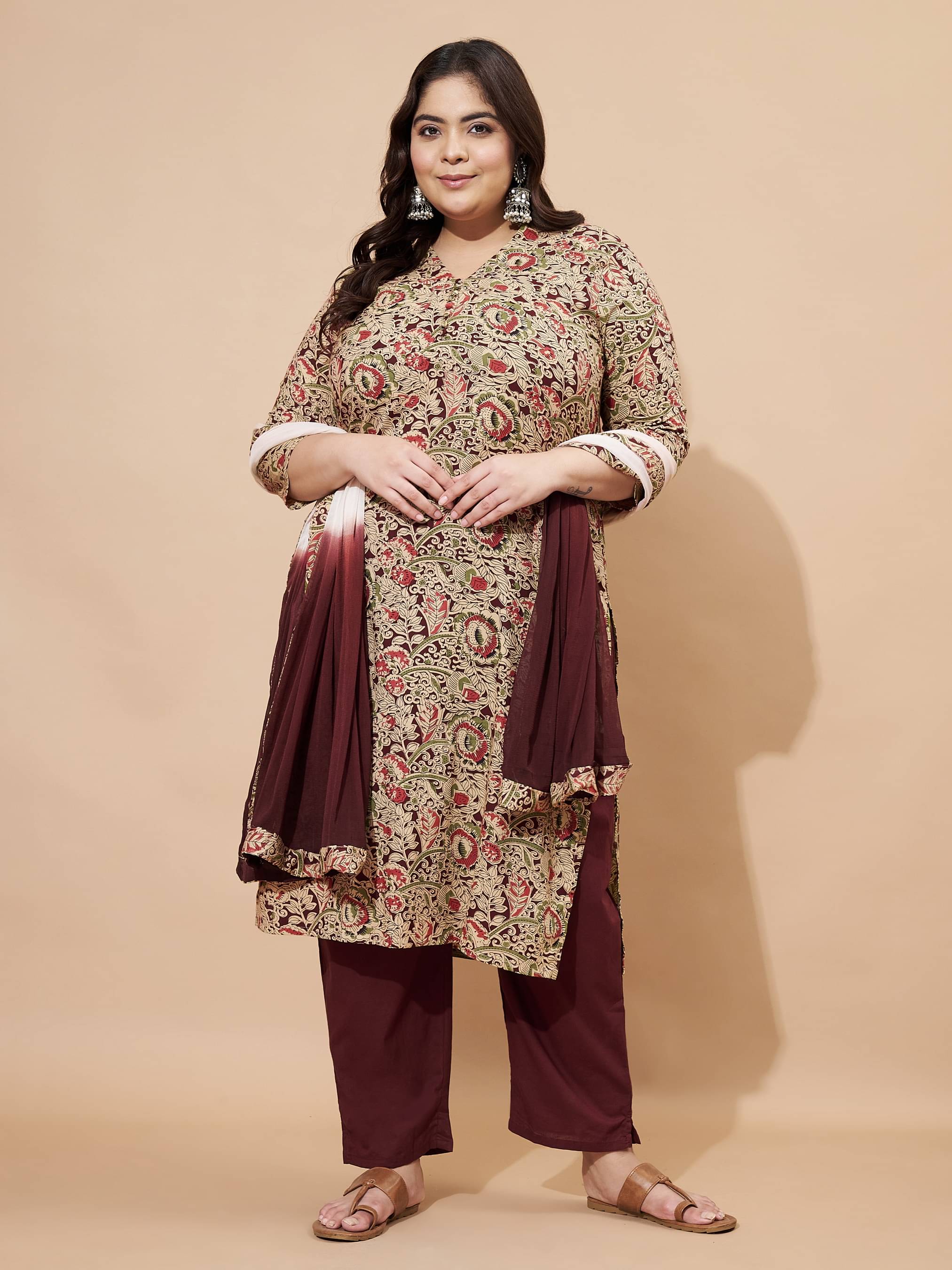     			Vbuyz Cotton Blend Printed Kurti With Pants Women's Stitched Salwar Suit - Maroon ( Pack of 1 )