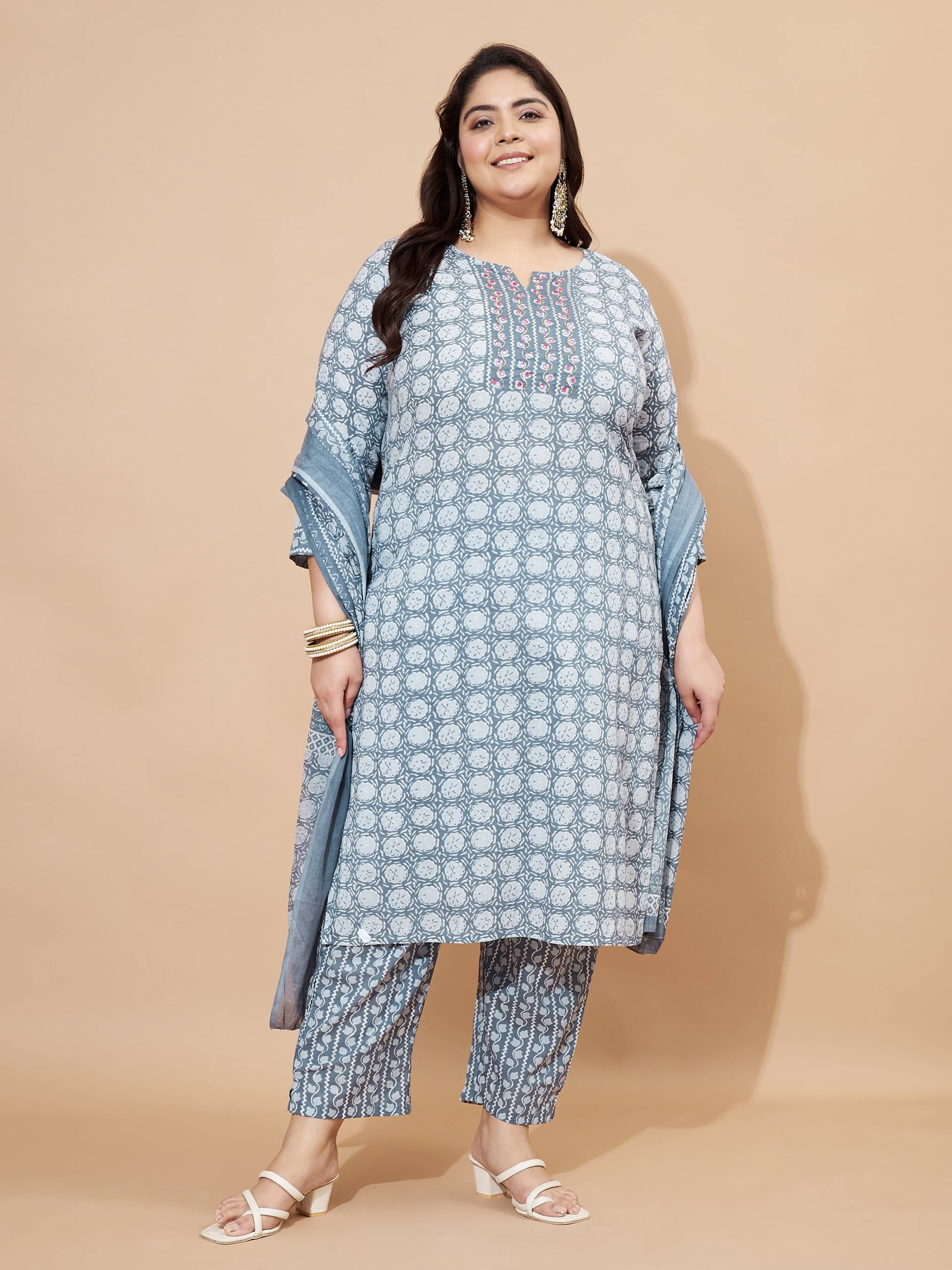 Vbuyz Cotton Blend Printed Kurti With Pants Women's Stitched Salwar Suit - Grey ( Pack of 1 ) Vbuyz Cotton Blend Printed Kurti With Pants Women's Stitched Salwar Suit - Grey ( Pack of 1 )