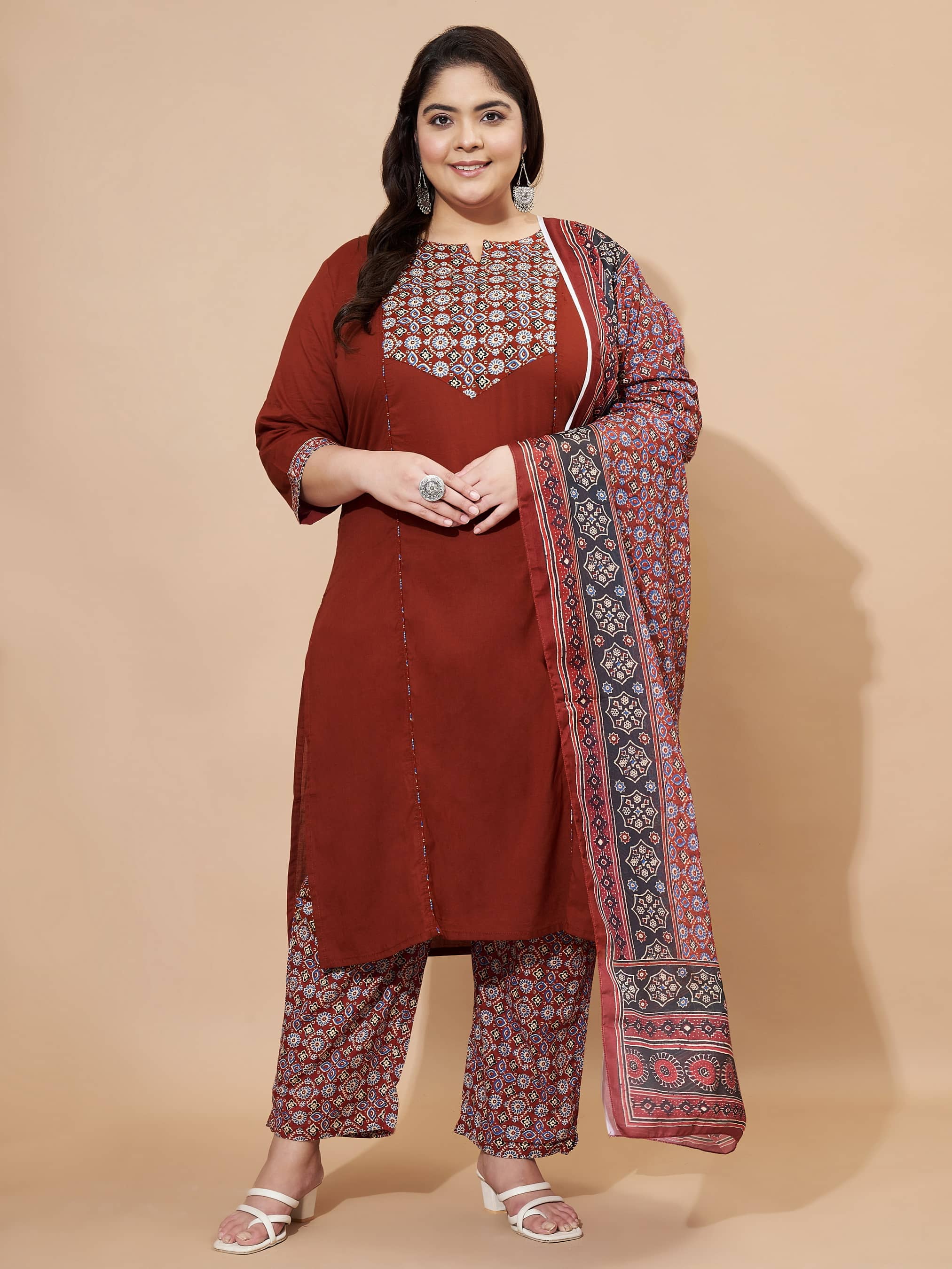 Vbuyz Cotton Blend Printed Kurti With Pants Women's Stitched Salwar Suit - Maroon ( Pack of 1 )