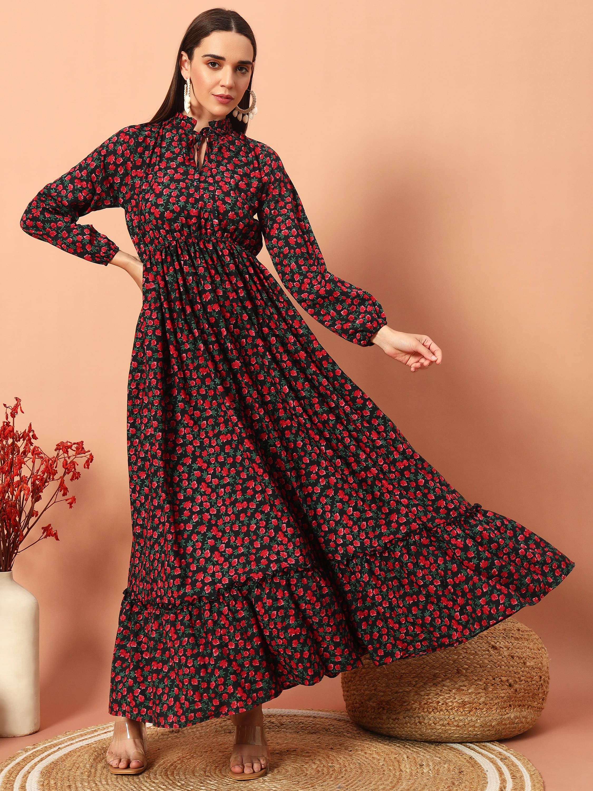 ZWERLON Women Rayon Printed Fit & Flare Dress ( Red ) ZWERLON Women Rayon Printed Fit & Flare Dress ( Red )