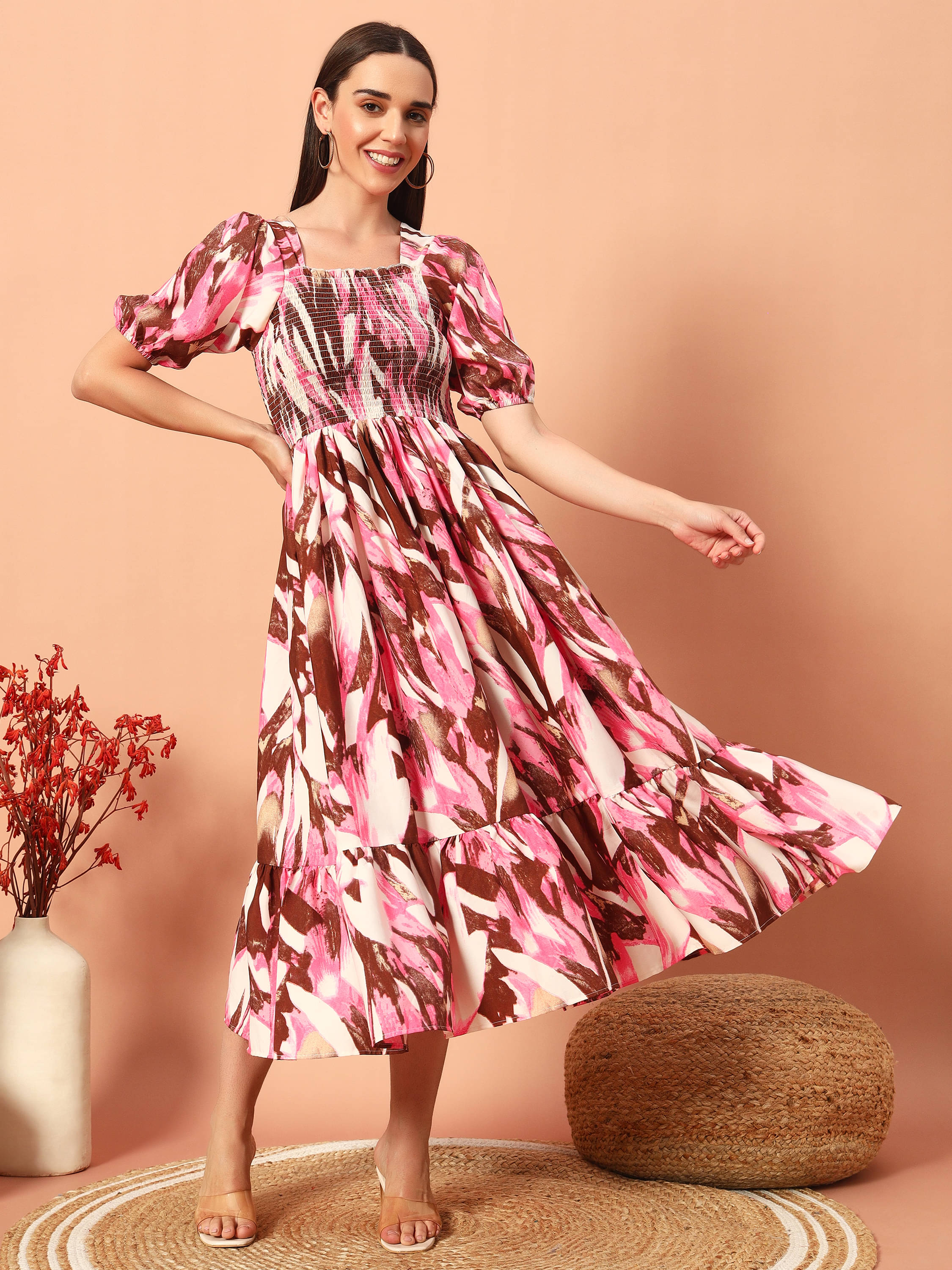     			ZWERLON Women Rayon Printed Fit & Flare Dress ( Pink )