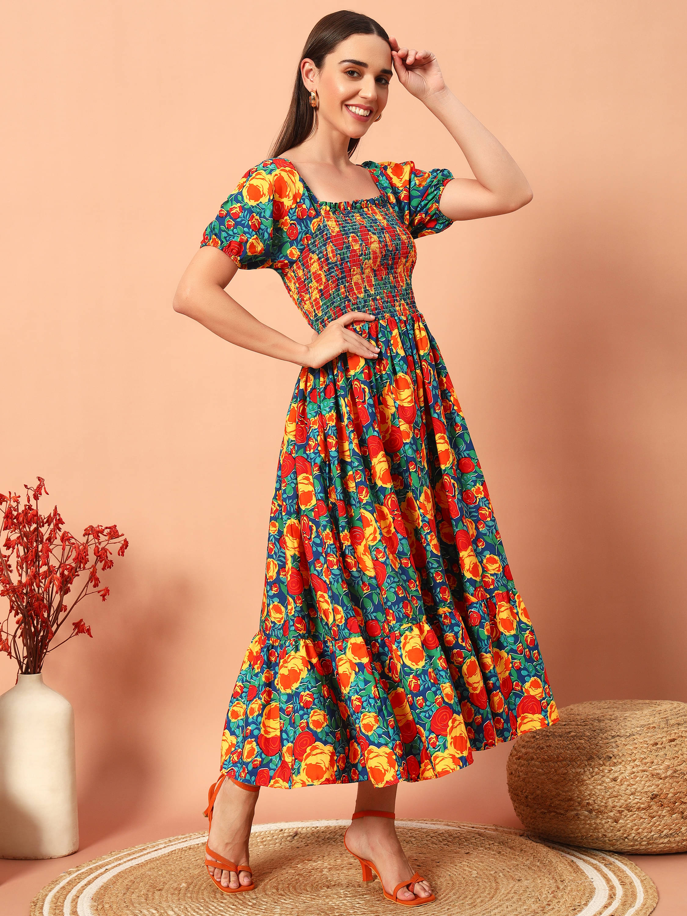 ZWERLON Women Rayon Printed Fit & Flare Dress ( Orange ) ZWERLON Women Rayon Printed Fit & Flare Dress ( Orange )