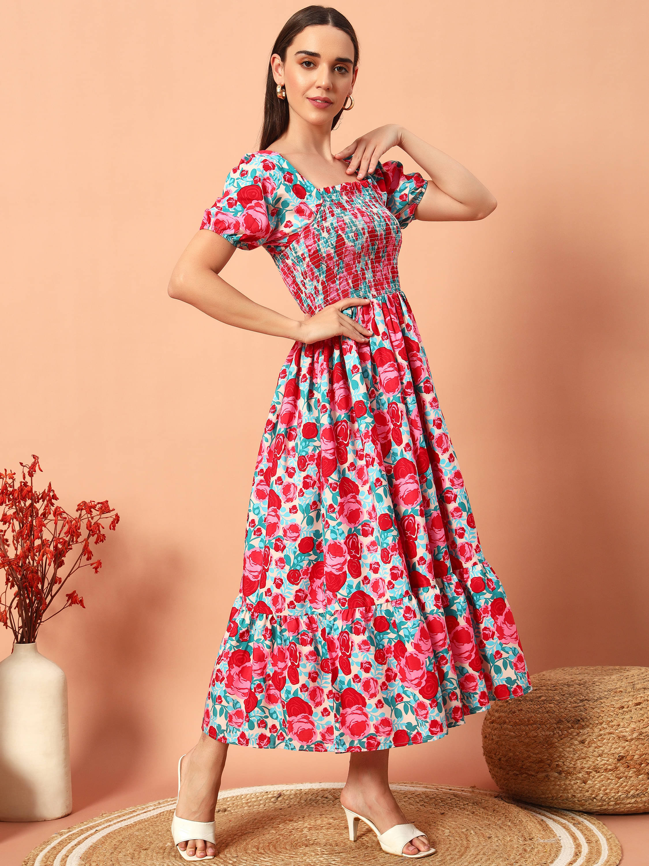     			ZWERLON Women Rayon Printed Fit & Flare Dress ( Pink )