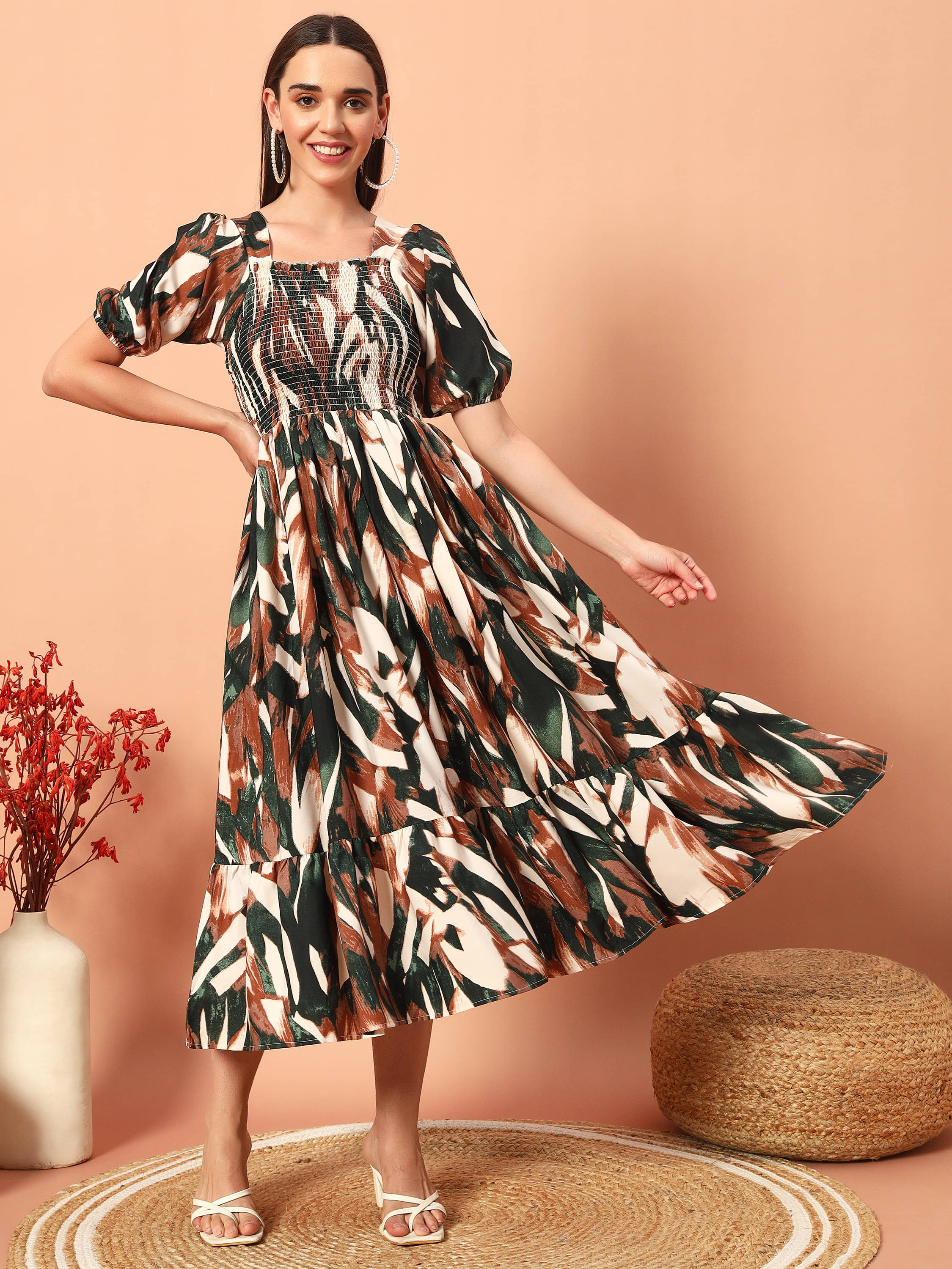     			ZWERLON Women Rayon Printed Fit & Flare Dress ( Olive )