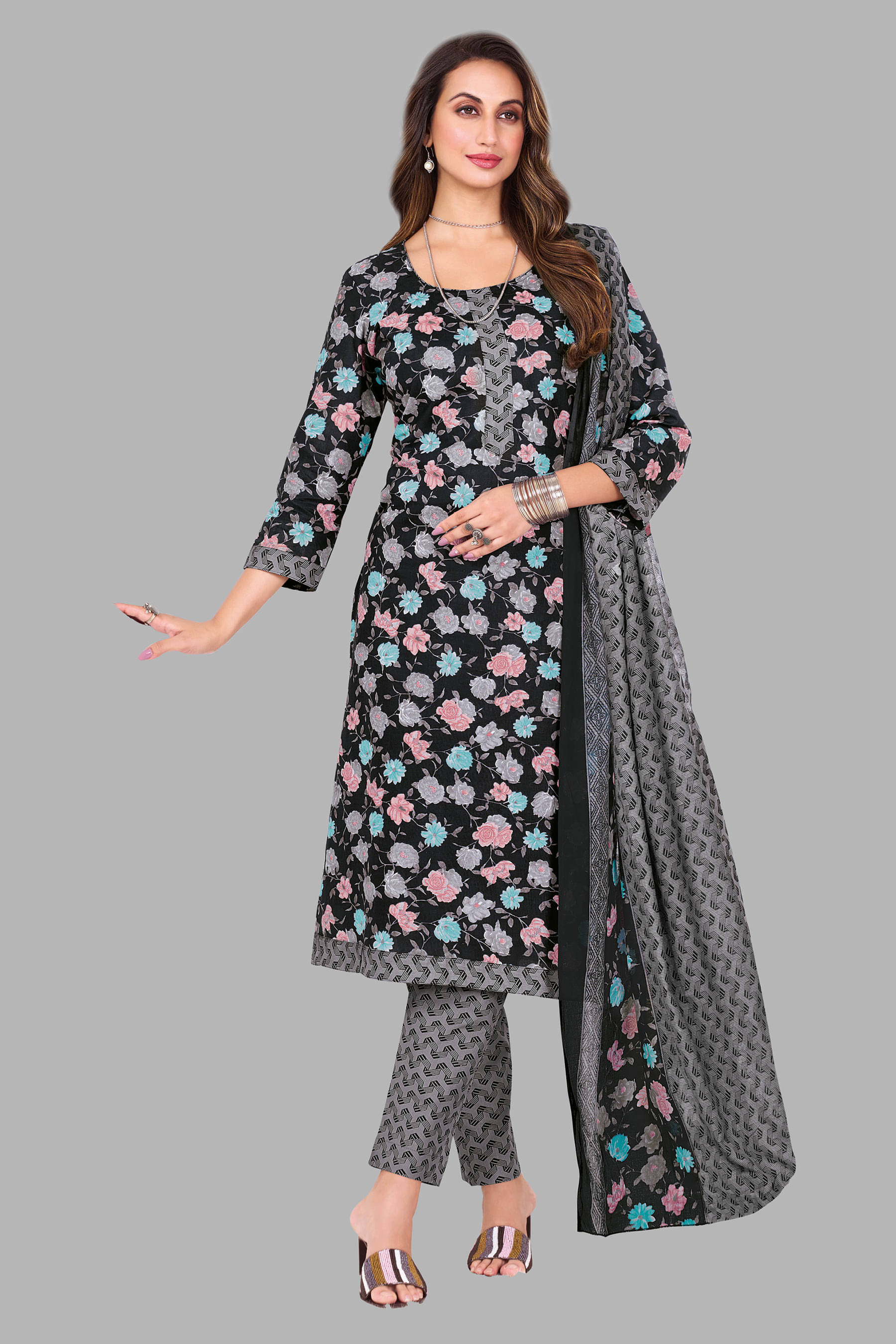     			shree jeenmata collection Cotton Printed Kurti With Pants Women's Stitched Salwar Suit - Black ( Pack of 1 )