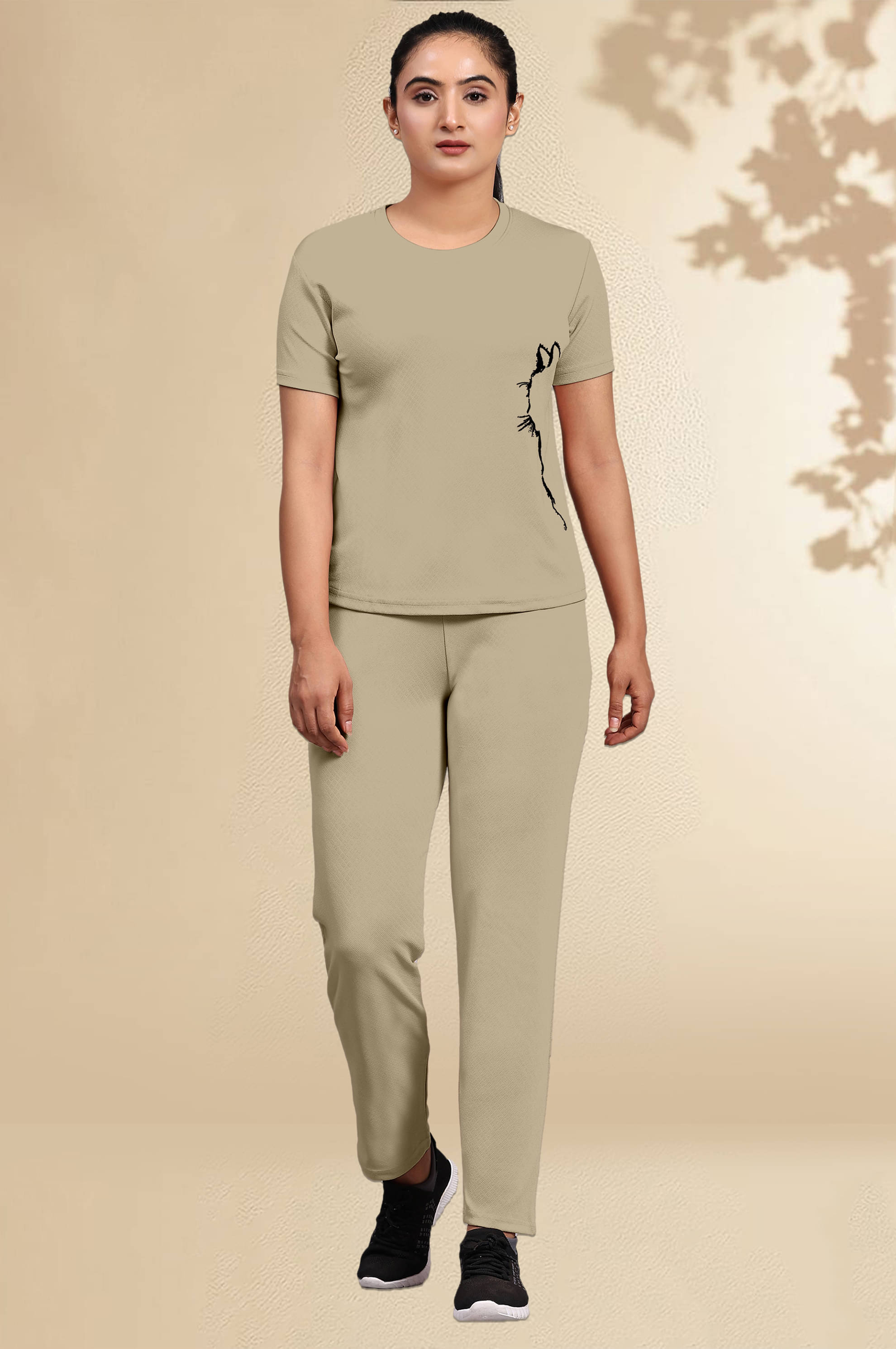     			DTR FASHION Beige Cotton Blend Printed Tracksuit - Pack of 1