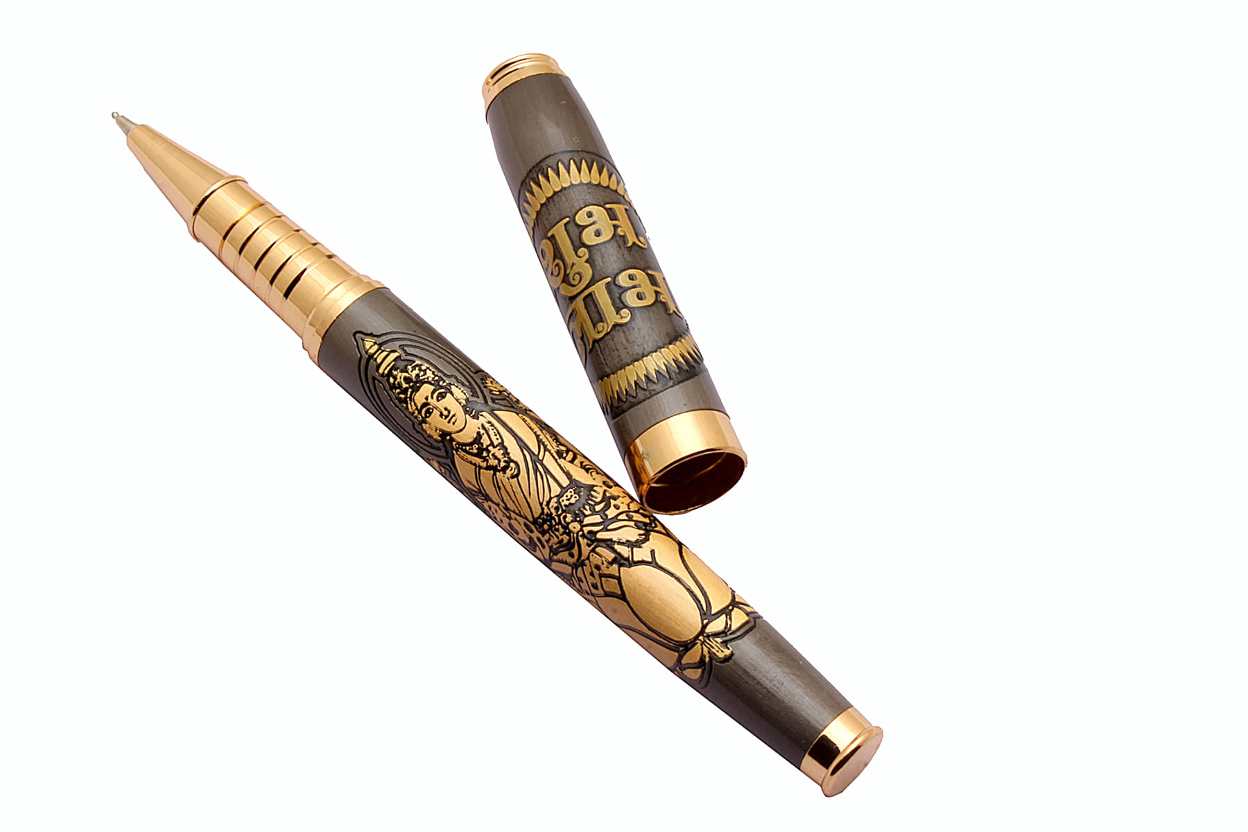     			Goddess Laxmi & Shub Labh Engraved On Gray Color Metal Body Rollerball Pen With Golden Trims & Blue Refill