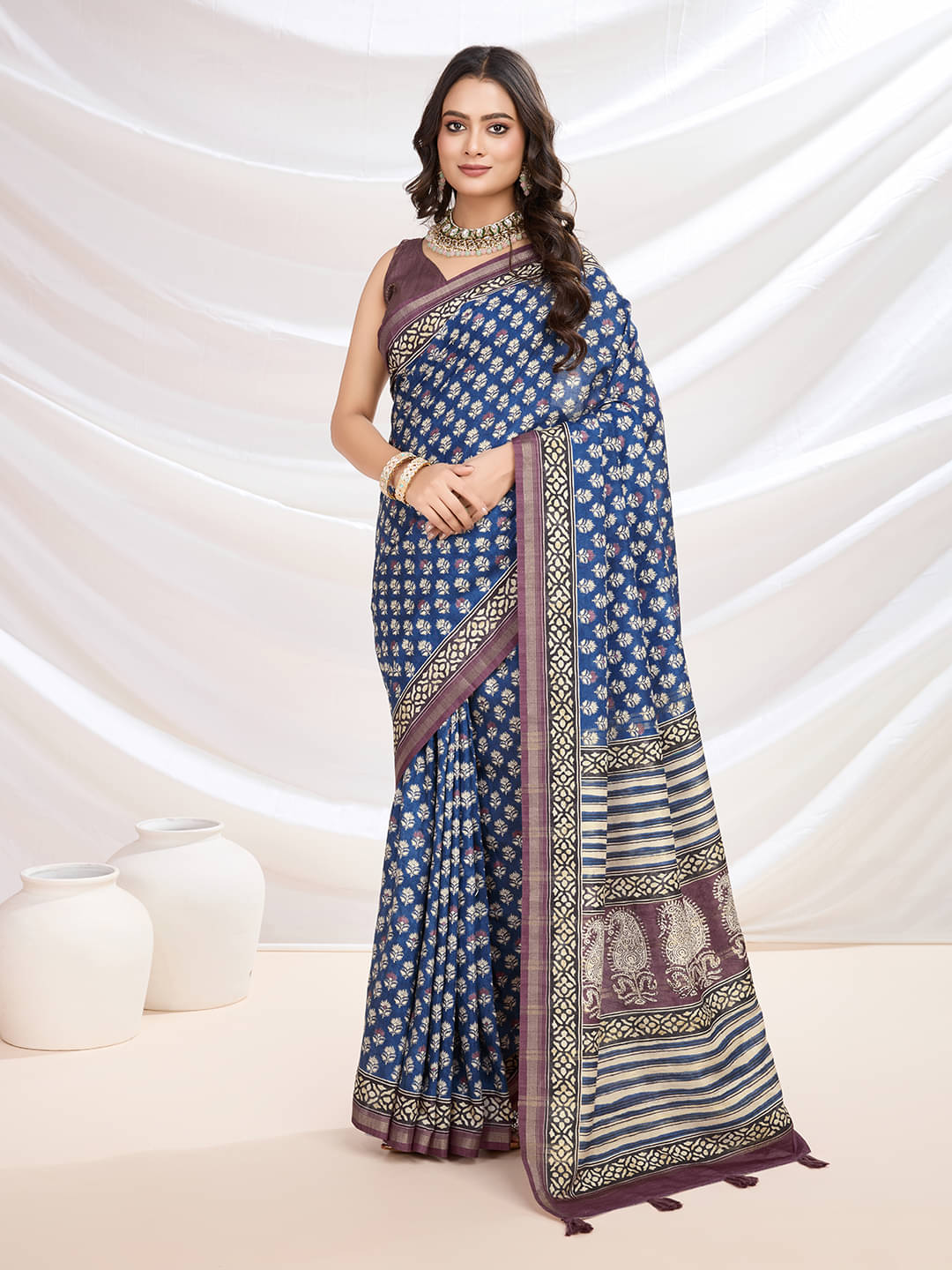    			Rekha Maniyar Cotton Blend Printed Saree With Unstitched Blouse Piece ( Blue )