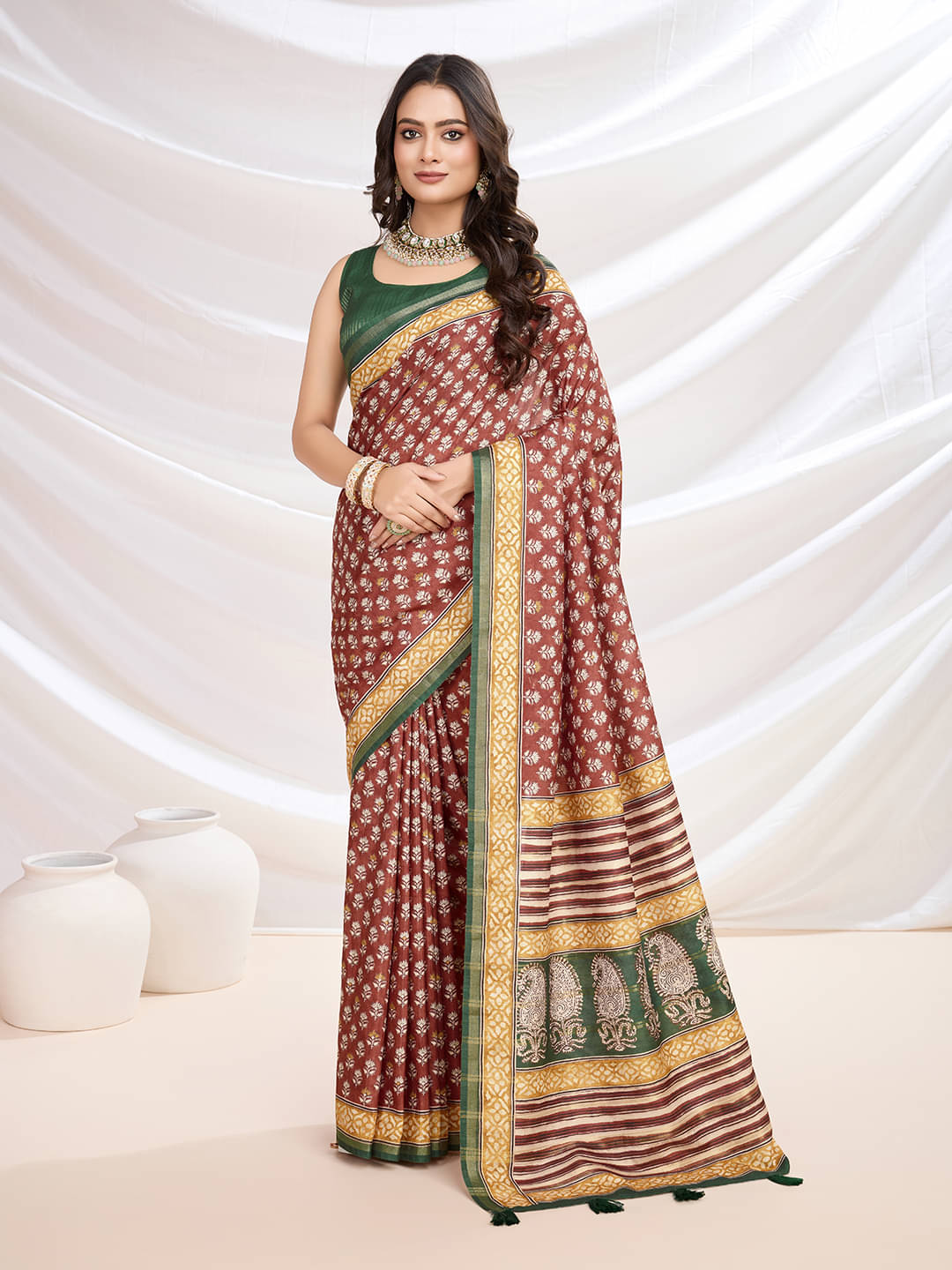     			Rekha Maniyar Cotton Blend Printed Saree With Unstitched Blouse Piece ( Red )