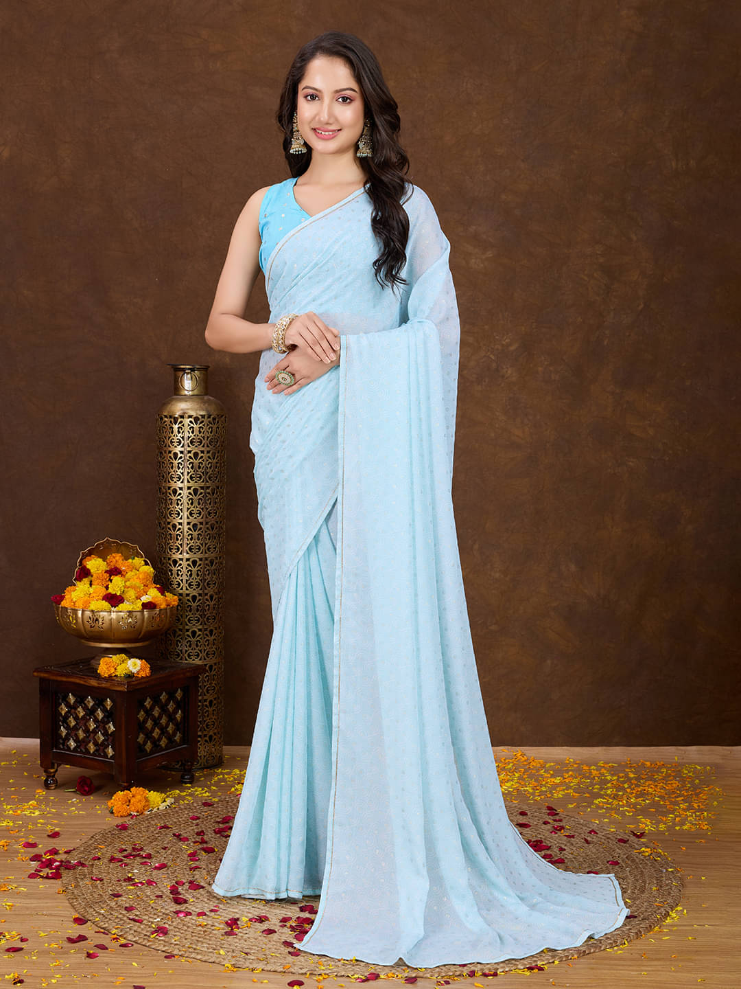 Rekha Maniyar Georgette Printed Saree With Unstitched Blouse Piece ( SkyBlue )     			Rekha Maniyar Georgette Printed Saree With Unstitched Blouse Piece ( SkyBlue )
