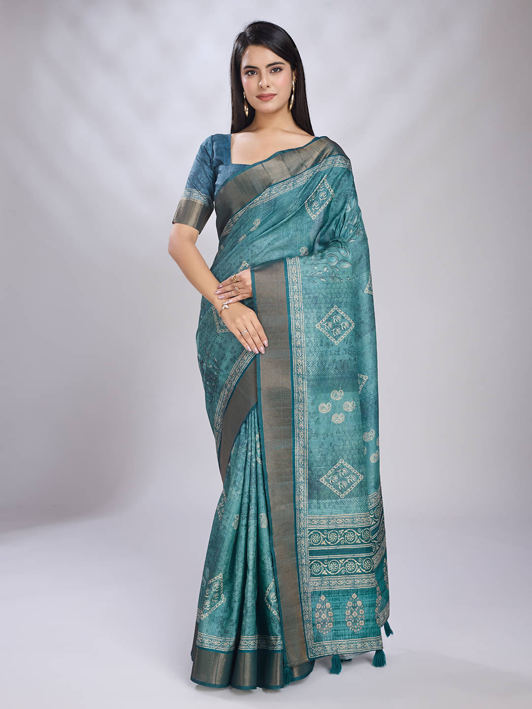     			Rekha Maniyar Silk Blend Printed Saree With Unstitched Blouse Piece ( Teal )