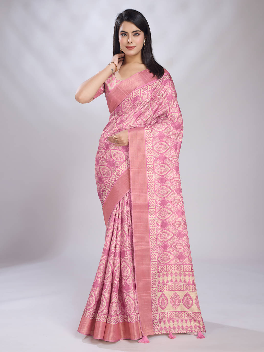     			Rekha Maniyar Silk Blend Printed Saree With Unstitched Blouse Piece ( Pink )