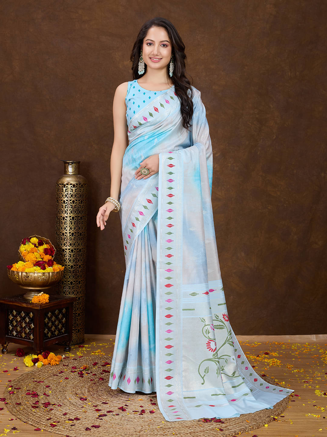 Rekha Maniyar Silk Printed Saree With Unstitched Blouse Piece ( Teal ) Rekha Maniyar Silk Printed Saree With Unstitched Blouse Piece ( Teal )