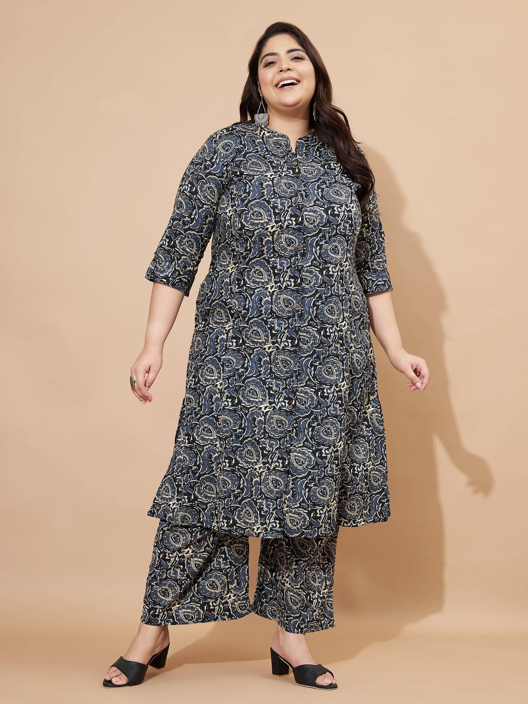     			Vbuyz Women Printed Front Slit Kurti With Palazzo ( Blue )