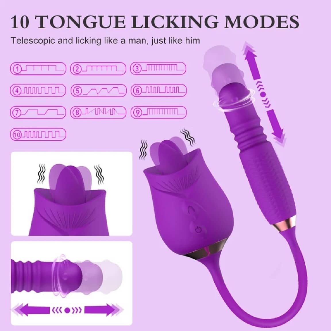 3-IN-1 ROSE TOY TELESCOPIC TONGUE-LICKING PEARLS ROTATING VIBARTOR WITH MAGNETIC USB CHARGING OPTION