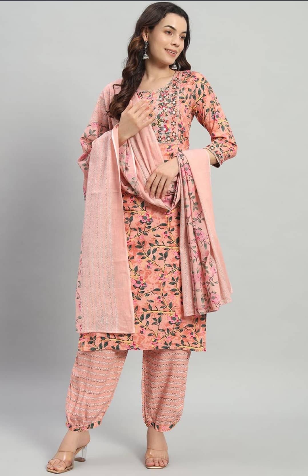 ANNEIV Women Cotton Embroidered Straight Kurti With Pants ( Peach )