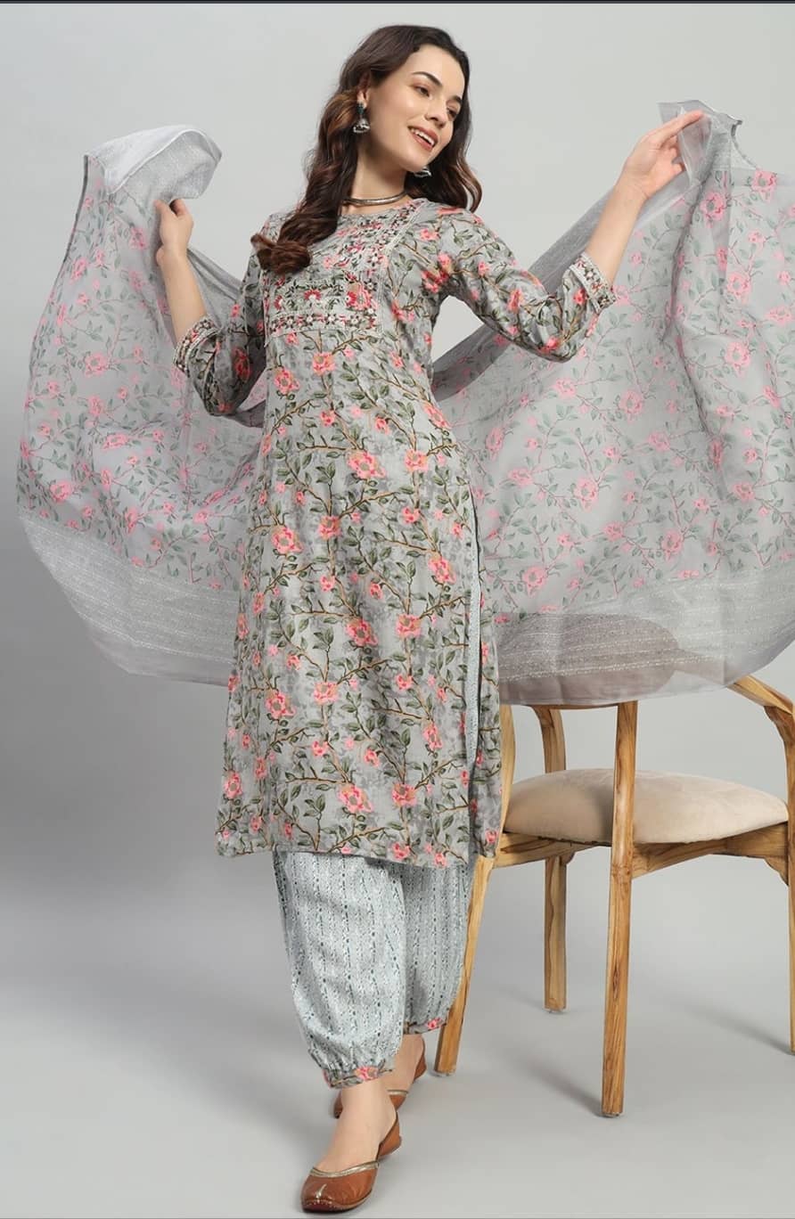 ANNEIV Cotton Embroidered Kurti With Pants Women's Stitched Salwar Suit - Grey ( Pack of 1 )
