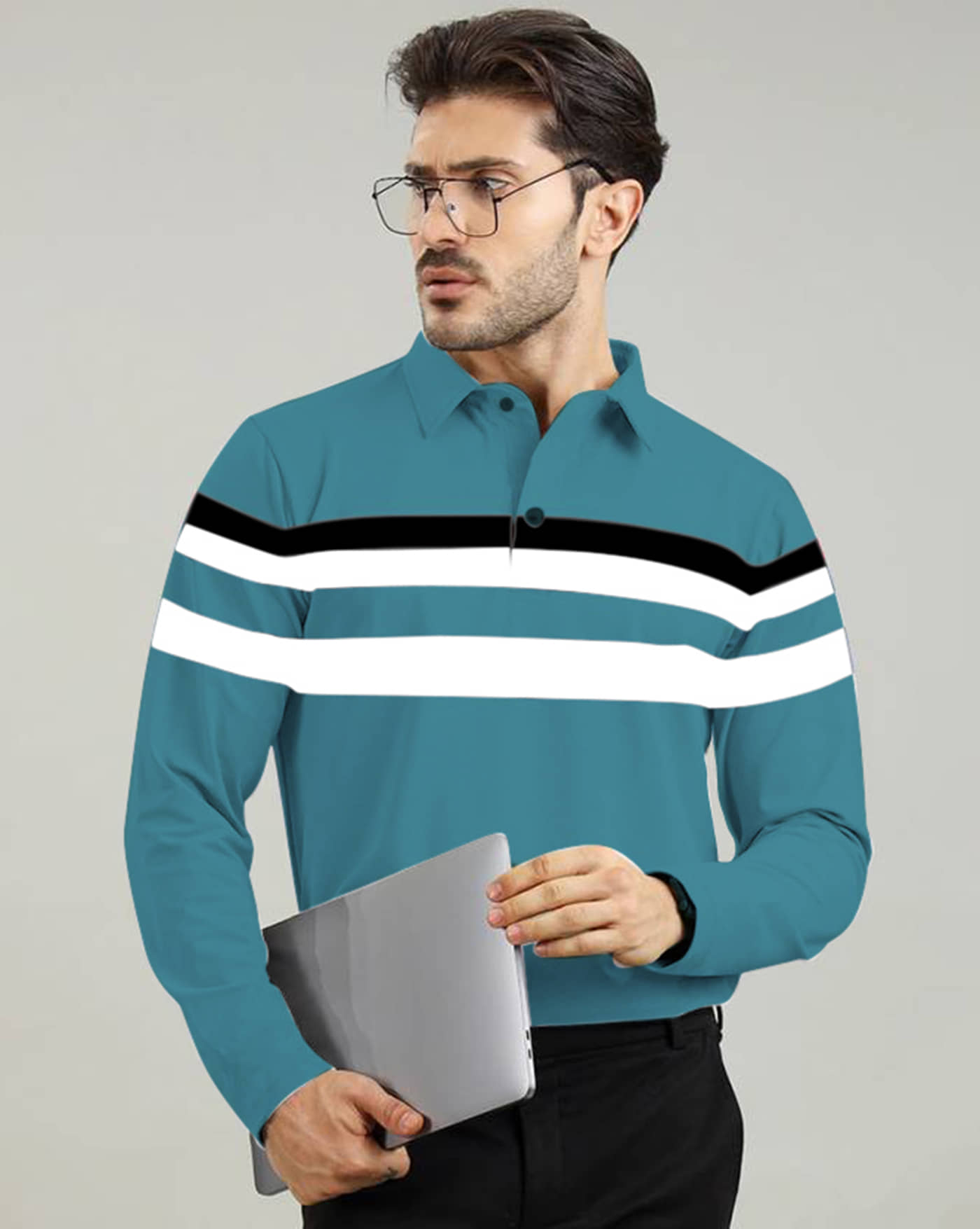 AUSK Pack of 1 Cotton Blend Regular Fit Striped Full Sleeves Men's Polo T Shirt ( Aqua )