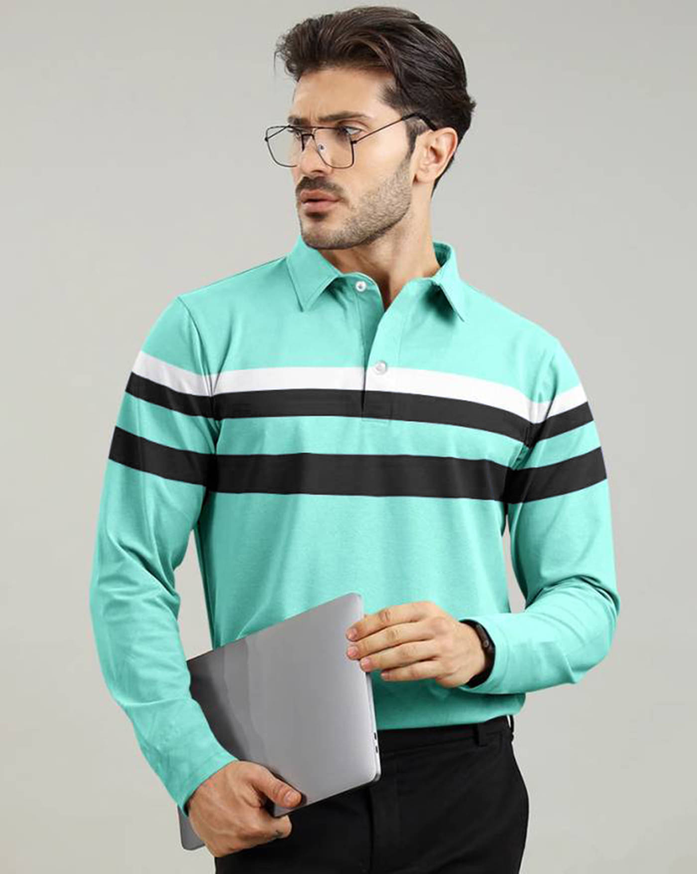     			AUSK Pack of 1 Cotton Blend Regular Fit Striped Full Sleeves Men's Polo T Shirt ( Aqua )