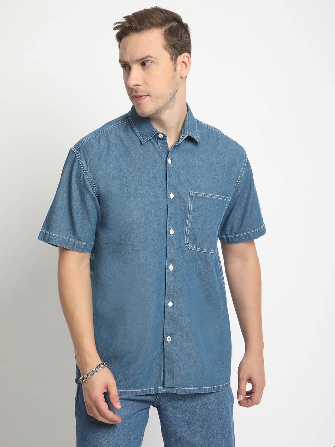     			Bene Kleed Boxy Fit Opaque Half Sleeve Denim Shirt With Contrast Stitch