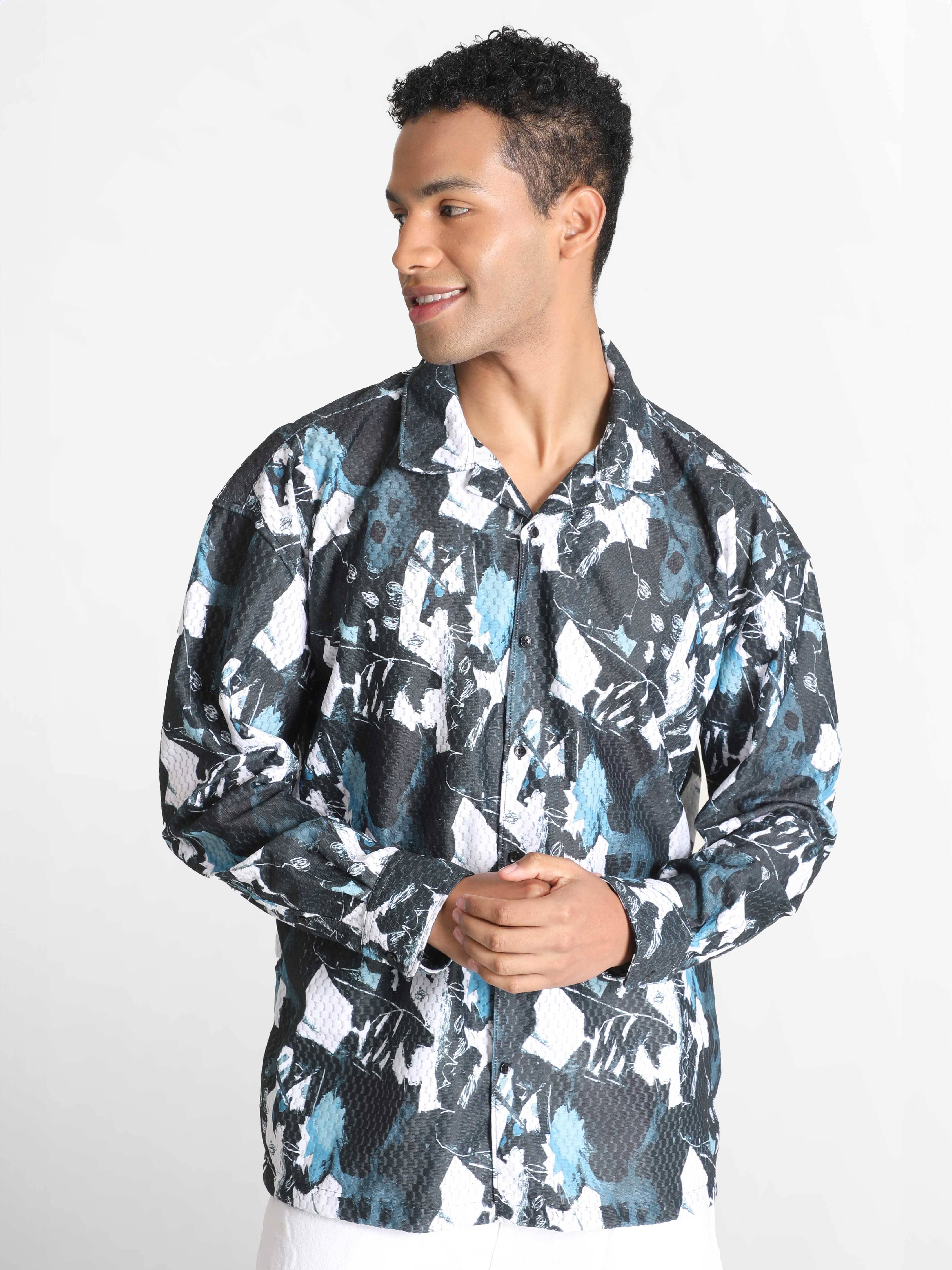     			Bene Kleed Men Classic Cuban Collar Abstract Printed Oversized Casual Shirt