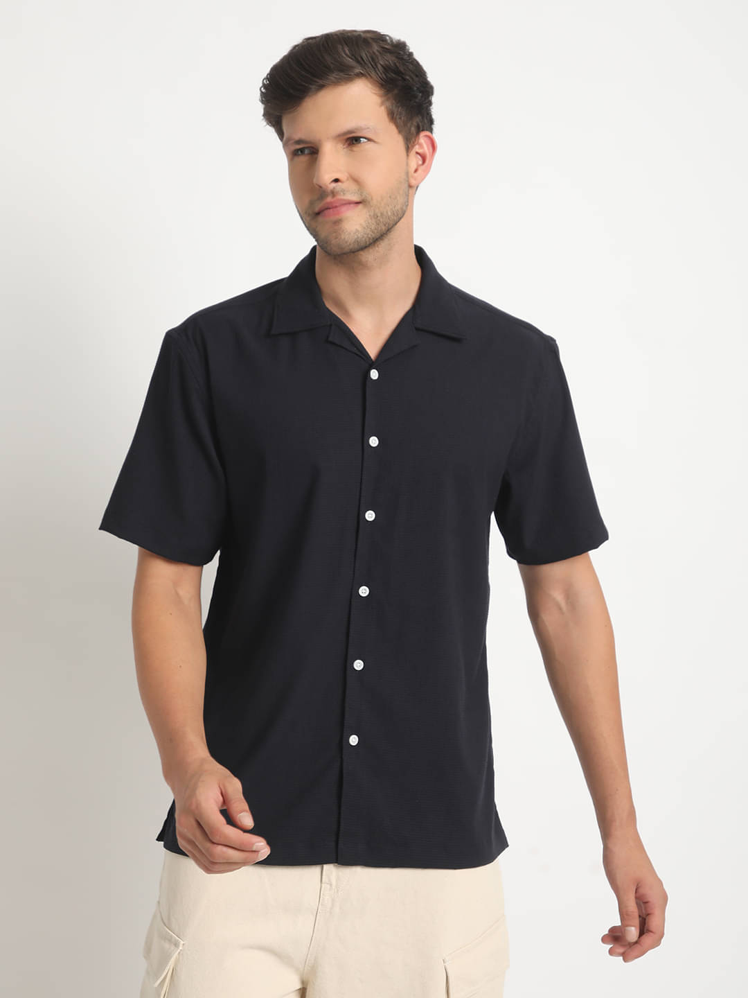 Bene Kleed Textured Self Design Cuban Collar Short Sleeves Relaxed Fit Casual Shirt Bene Kleed Textured Self Design Cuban Collar Short Sleeves Relaxed Fit Casual Shirt