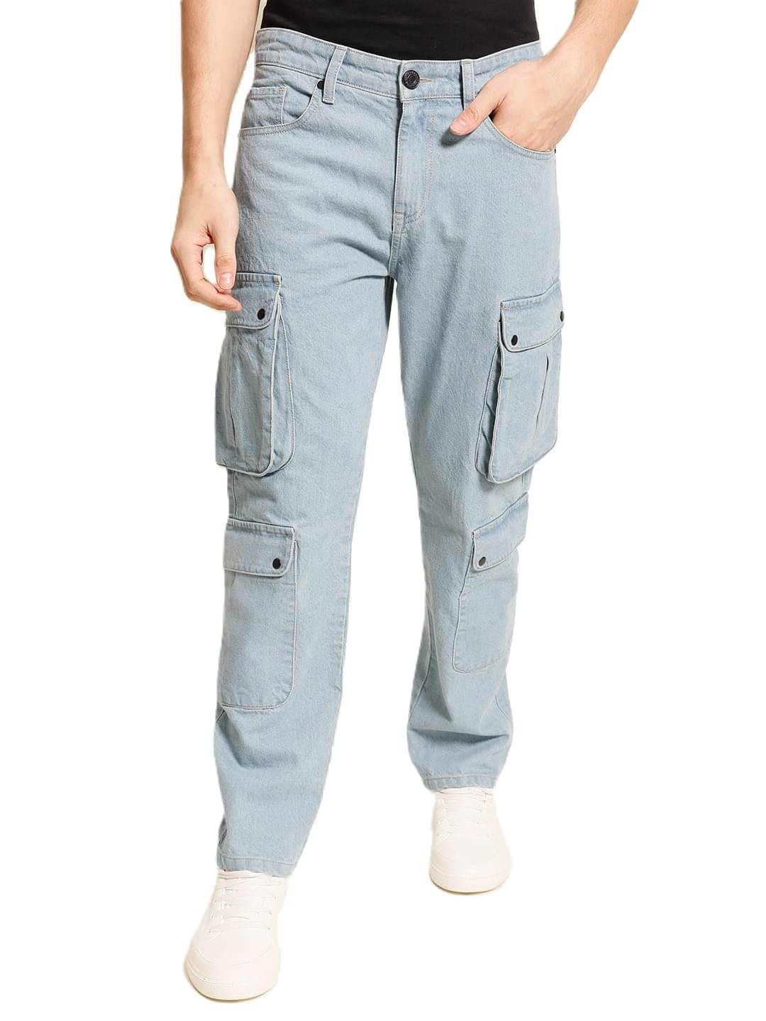 Men Lightblue Relaxed Fit Solid Jeans With Snap Men Lightblue Relaxed Fit Solid Jeans With Snap