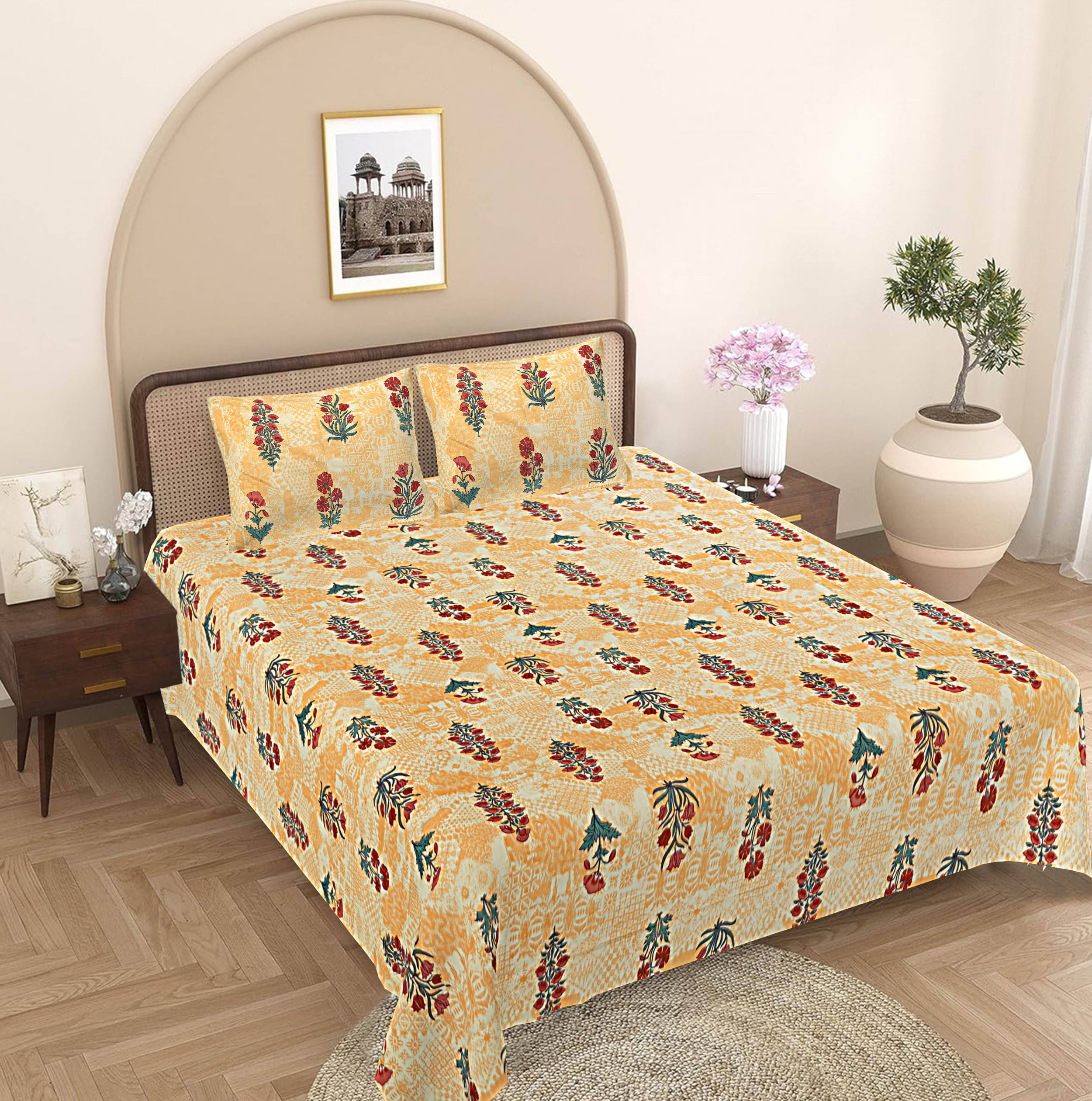     			FrionKandy Living Cotton 1 Double King Bedsheet with 2 Pillow Covers ( Yellow )