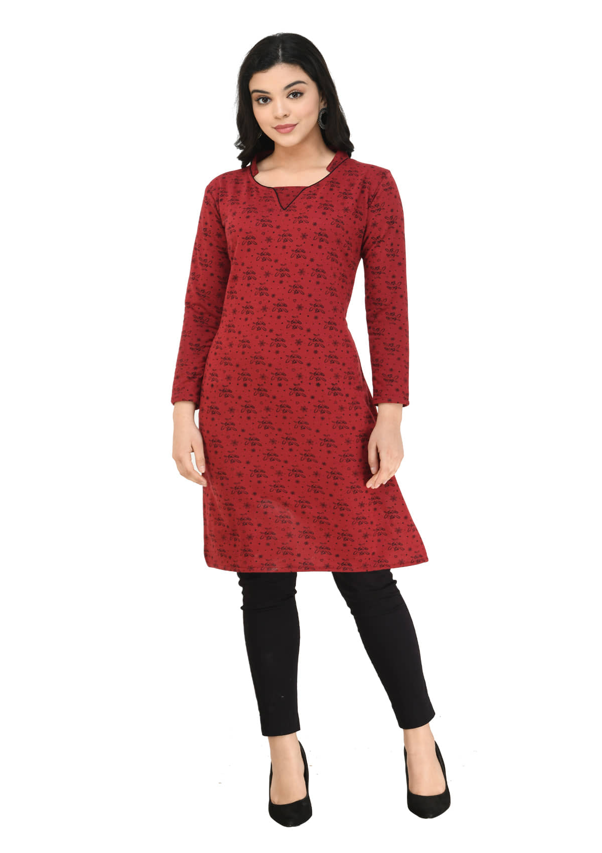 IndiWeaves Woollen Printed Straight Women's Kurti - Maroon ( Pack of 1 ) - Kurtis, Tunics | Buy online on ZillyBuy