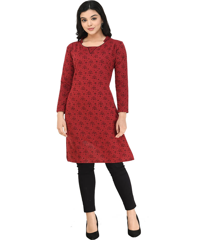 IndiWeaves Woollen Printed Straight Women's Kurti - Maroon ( Pack of 1 ) - Kurtis, Tunics | Buy online on ZillyBuy