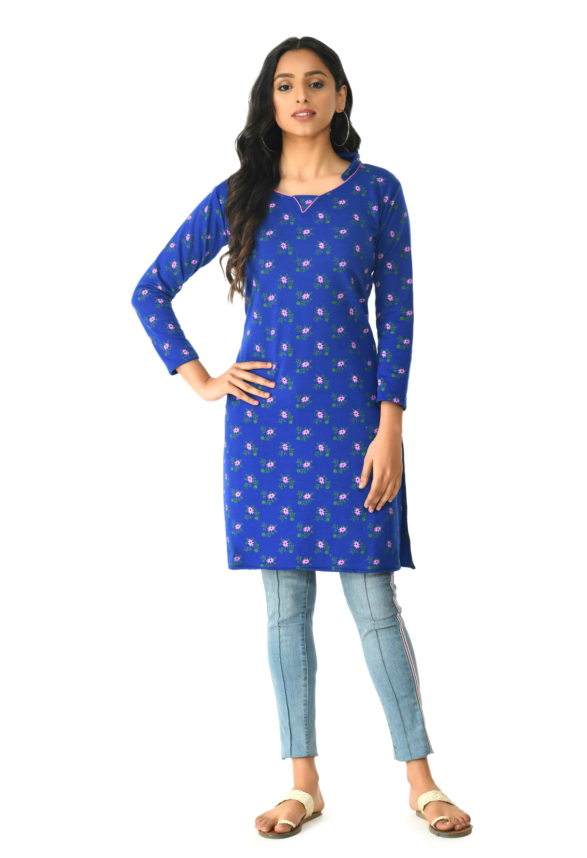 IndiWeaves Woollen Printed Straight Women's Kurti - Blue ( Pack of 1 ) IndiWeaves Woollen Printed Straight Women's Kurti - Blue ( Pack of 1 )