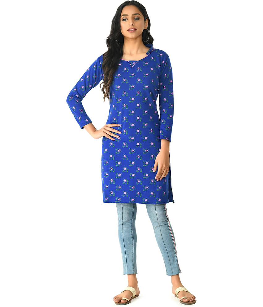 IndiWeaves Woollen Printed Straight Women's Kurti - Blue ( Pack of 1 ) - Kurtis, Tunics | Buy online on ZillyBuy