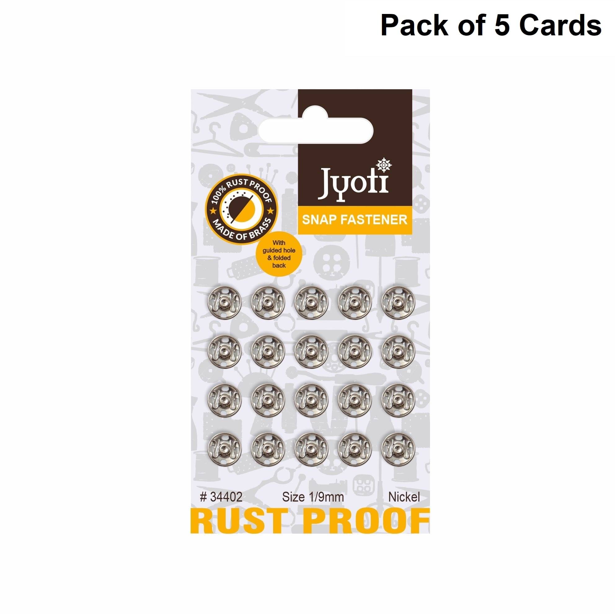     			Jyoti Snap Fastener (20 Sets of Size 1 / 9mm of Brass Material in Nickel Finish) Metal Thickened, Rust Proof Sewing Buttons, Used for Leather Craft/Canvas/Jeans/Jackets/DIY Items - Pack of 5 Cards