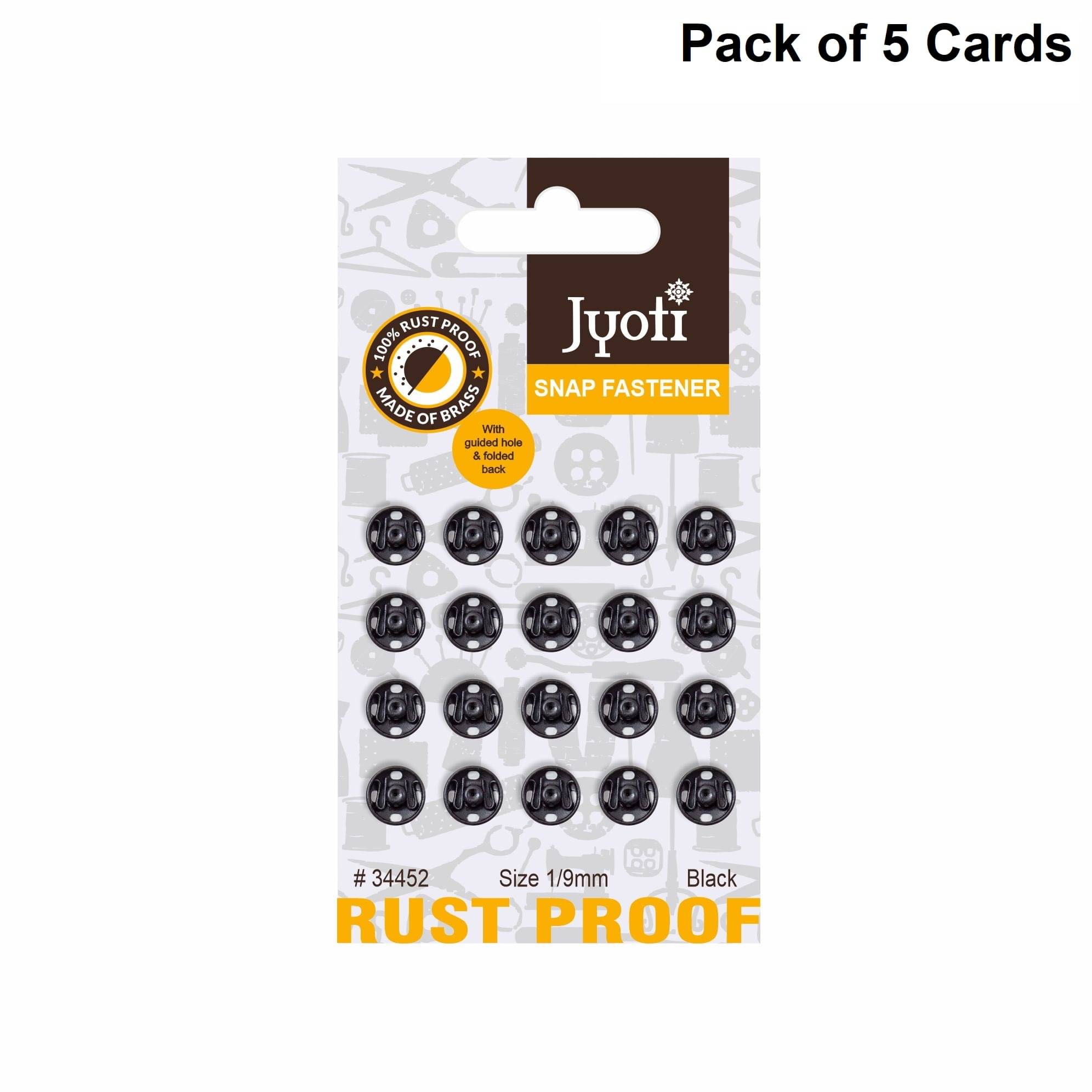     			Jyoti Snap Fastener (20 Sets of Size 1 / 9mm of Brass Material in Black Finish) Metal Thickened, Rust Proof Sewing Buttons, Used for Leather Craft/Canvas/Jeans/Jackets/DIY Items - Pack of 5 Cards
