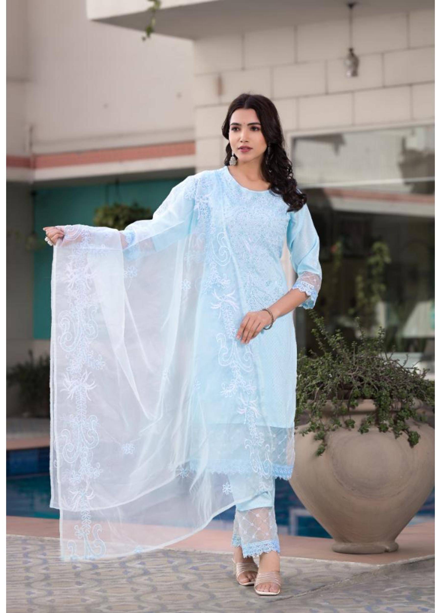     			Label Flavia Women Cotton Embroidered Straight Kurti With Pants ( Light Blue )