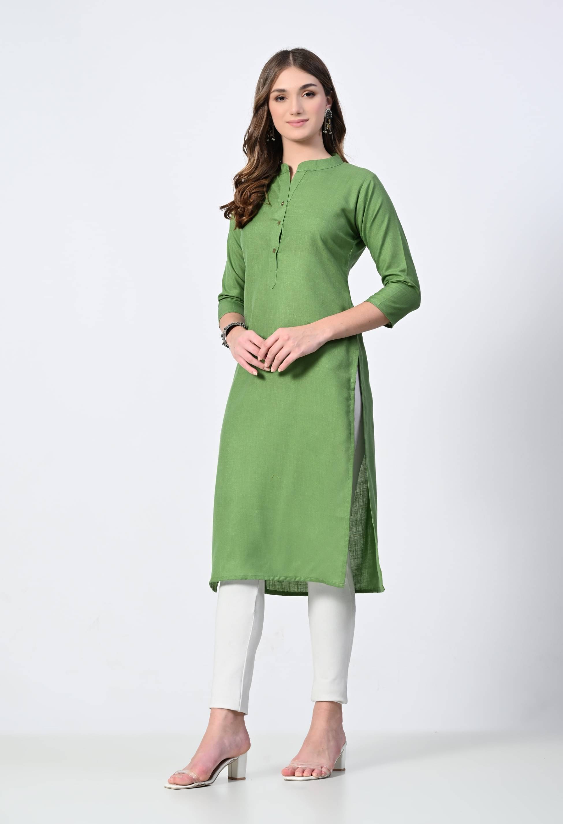MAURYA Cotton Blend Solid Straight Women's Kurti - Olive ( Pack of 1 ) MAURYA Cotton Blend Solid Straight Women's Kurti - Olive ( Pack of 1 )