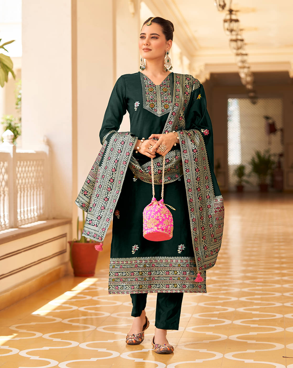 Shaily Retails Silk Blend Embroidered Kurti With Pants Women's Stitched Salwar Suit - Dark Green ( Pack of 1 ) Shaily Retails Silk Blend Embroidered Kurti With Pants Women's Stitched Salwar Suit - Dark Green ( Pack of 1 )